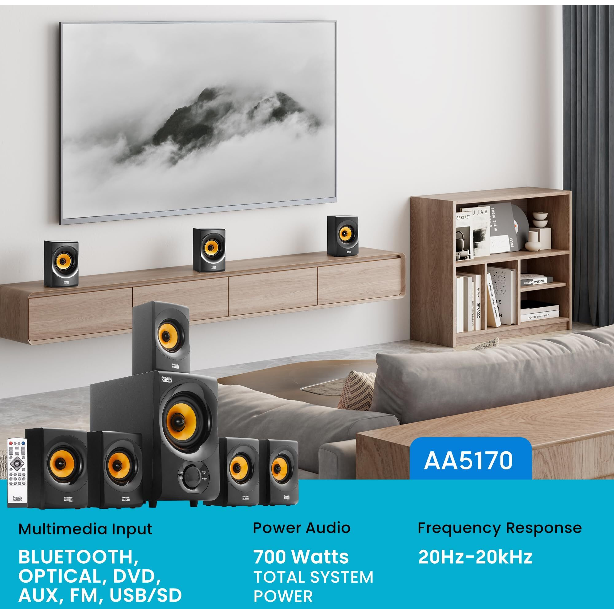 Acoustic Audio Aa5170 Home Theater 5.1 Bluetooth Speaker System 700W With Powered Sub