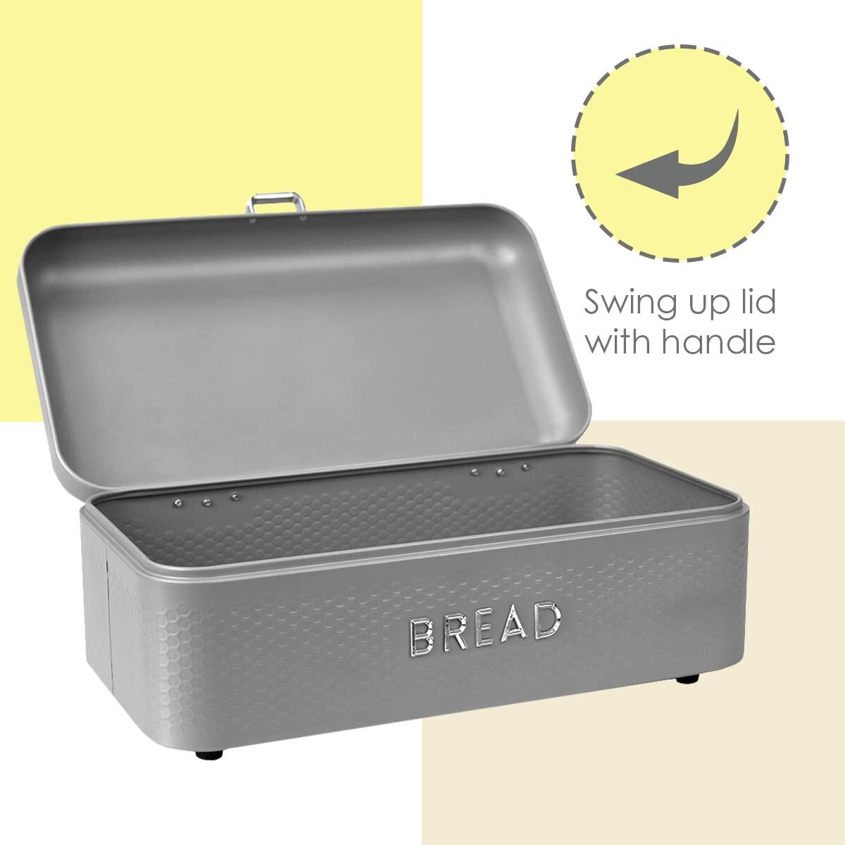 Home Basics Soho Bread Box For Kitchen Countertop, Metal, (Grey), Vented With Hinge Top | Large Bread Box | Keeps Loaves, Bagels, Croissants Fresh