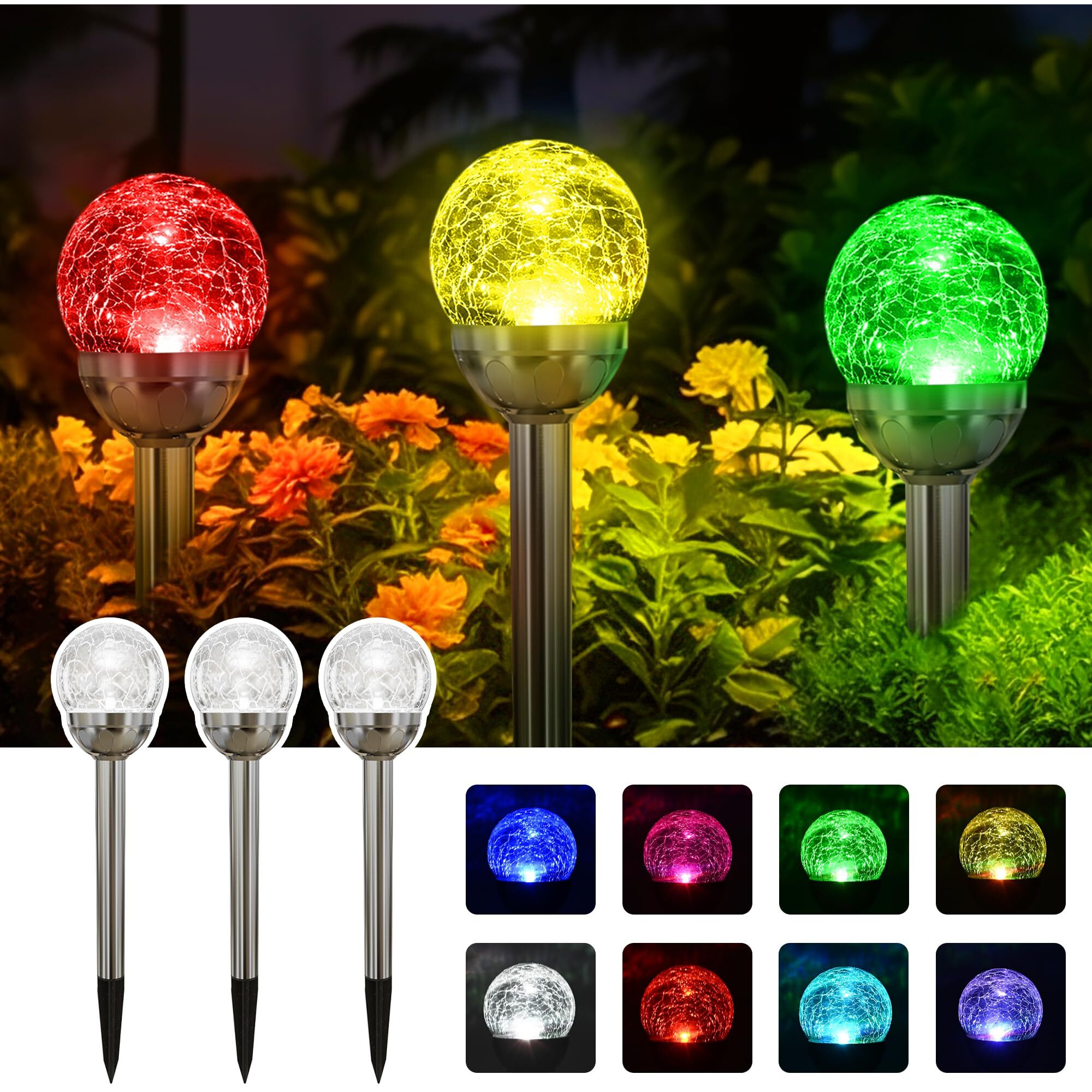 Solpex Solar Garden Lights Outdoor, 3 Pack Multi-Color Changing&White 2 Modes Solar Powered Glass Ball Garden Lights Waterproof For Patio Decoration
