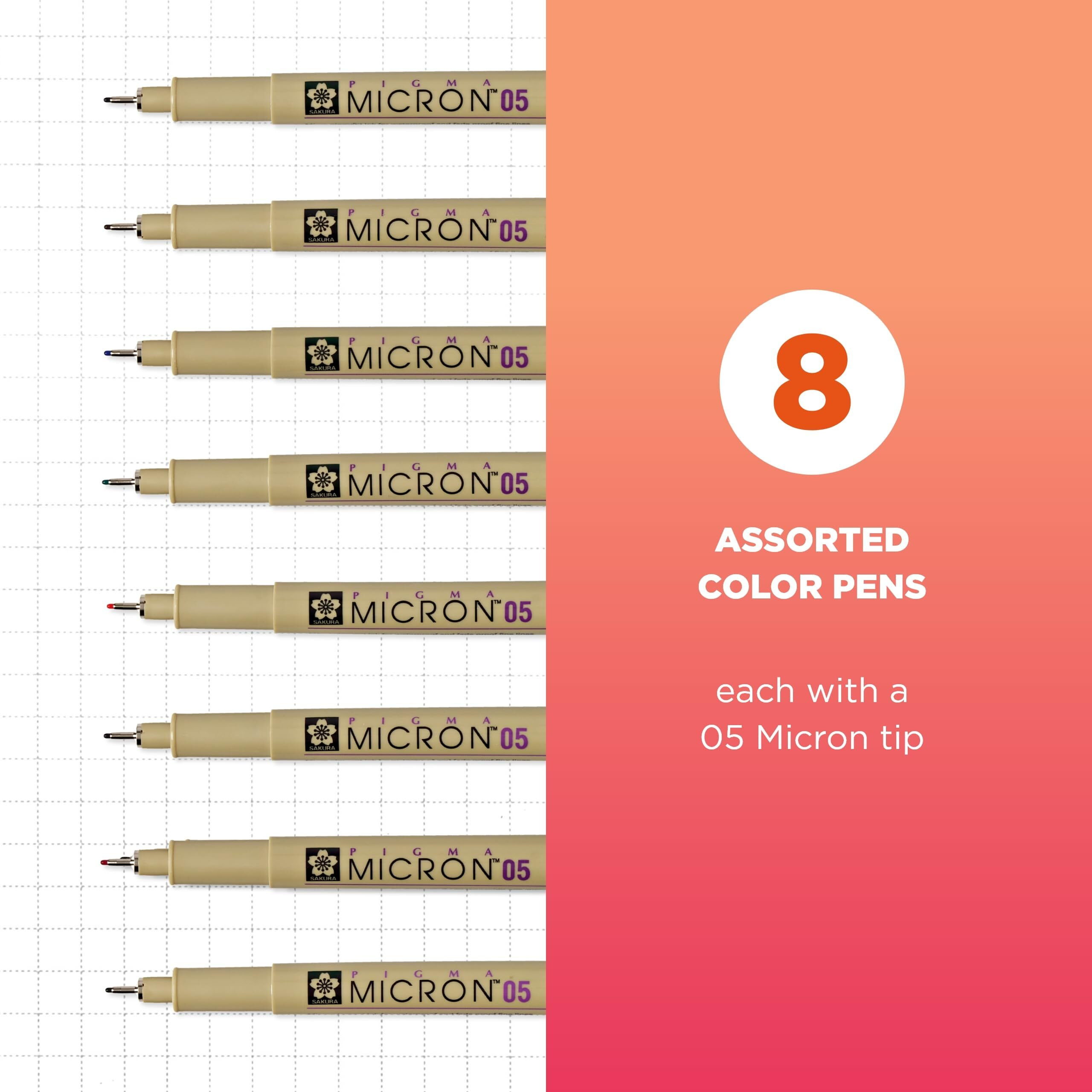 Sakura Pigma Micron Fineliner Pens - Archival Black, Colored Ink Pens For Writing, Drawing, Journaling - 05 Point Size - 8 Pack