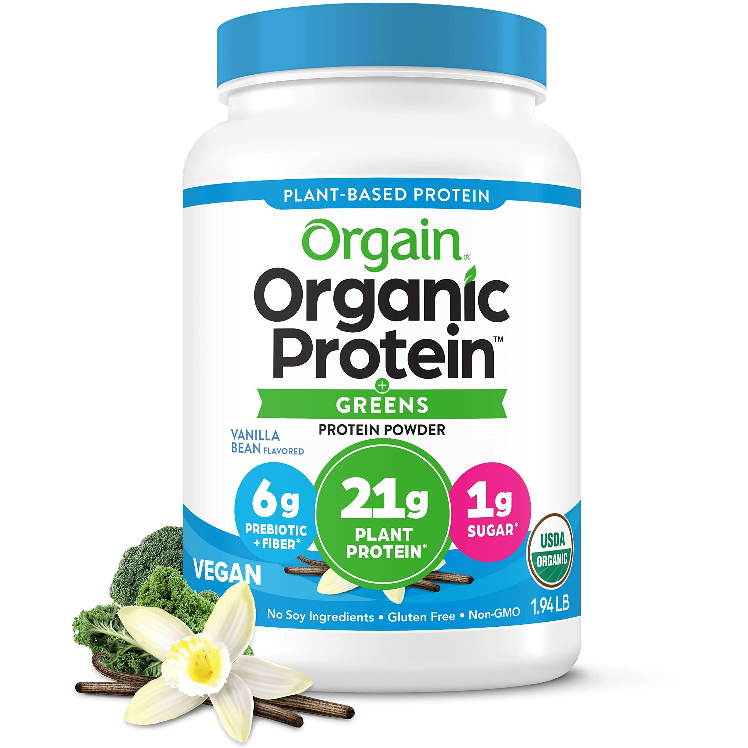 Orgain Organic Vegan Protein Powder + Greens, Vanilla Bean - 21G Plant Based Protein, 6G Prebiotic Fiber For Gut Health, Gluten Free, No Lactose Ingredients, No Sugar Added, Non-Gmo - 1.94Lb