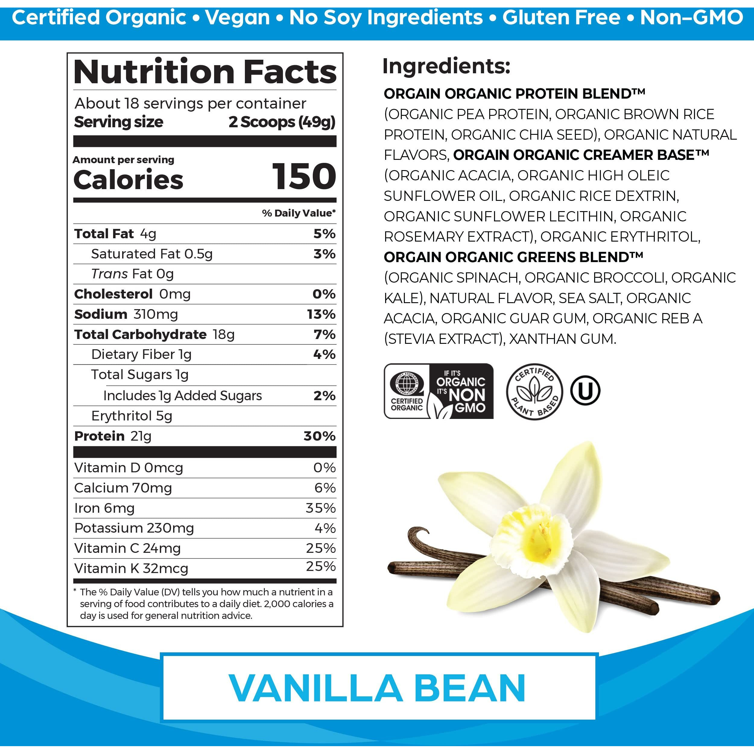 Orgain Organic Vegan Protein Powder + Greens, Vanilla Bean - 21G Plant Based Protein, 6G Prebiotic Fiber For Gut Health, Gluten Free, No Lactose Ingredients, No Sugar Added, Non-Gmo - 1.94Lb