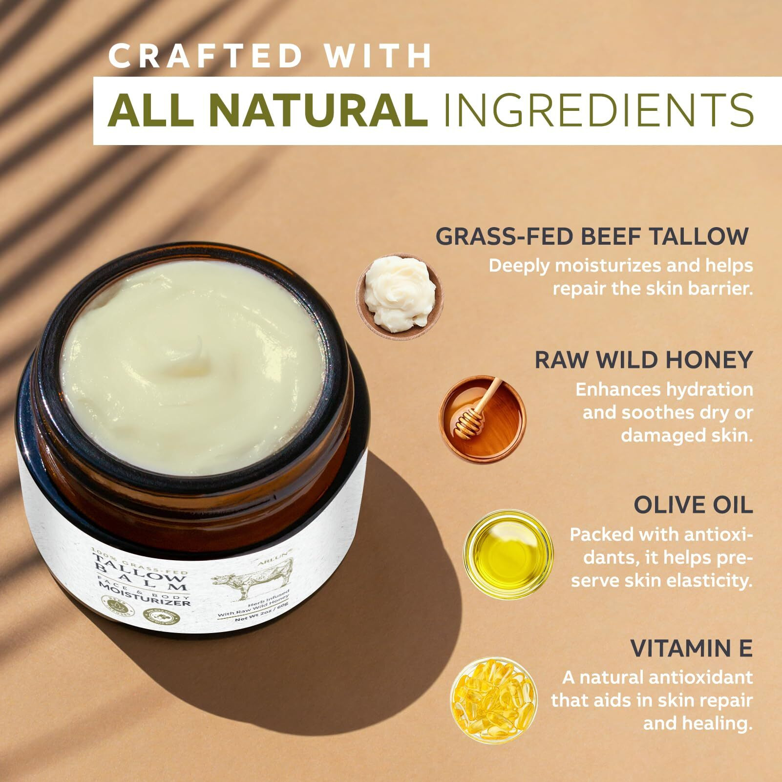 Arlun Beef Tallow For Skin, Beef Tallow And Honey Balm, Tallow Face Moisturizer Nourishes And Hydrates The Skin, Grass Fed Whipped Tallow Honey Balm Enriched With Raw Wild Honey 60G