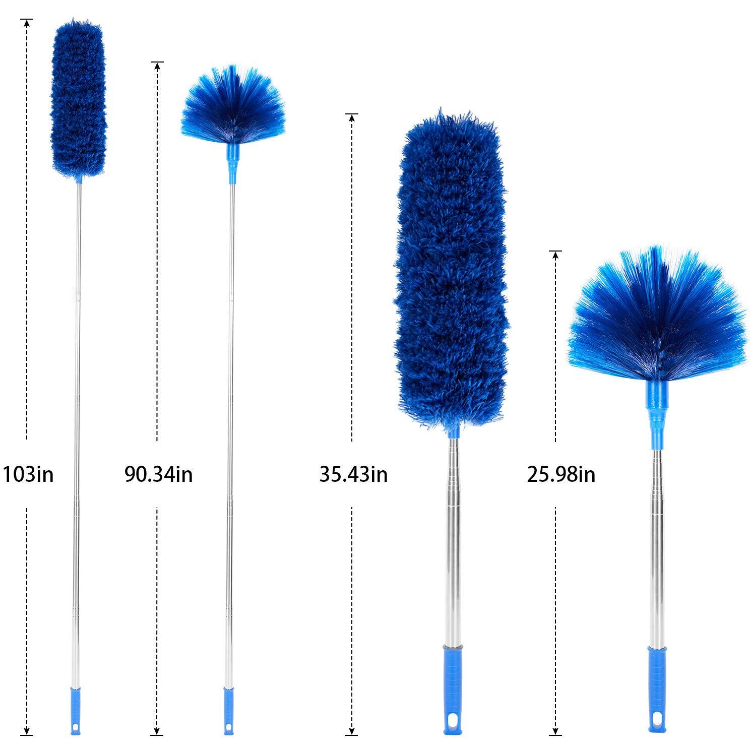 Zz Lazycottage Cobweb Duster With Extension Pole, Washable Cleaning Duster Kit With 2 Duster Heads, Cobweb Duster, Corner Brush, 15-100 Inch Long Aluminum Telescoping Pole For Ceiling Fan (Blue)