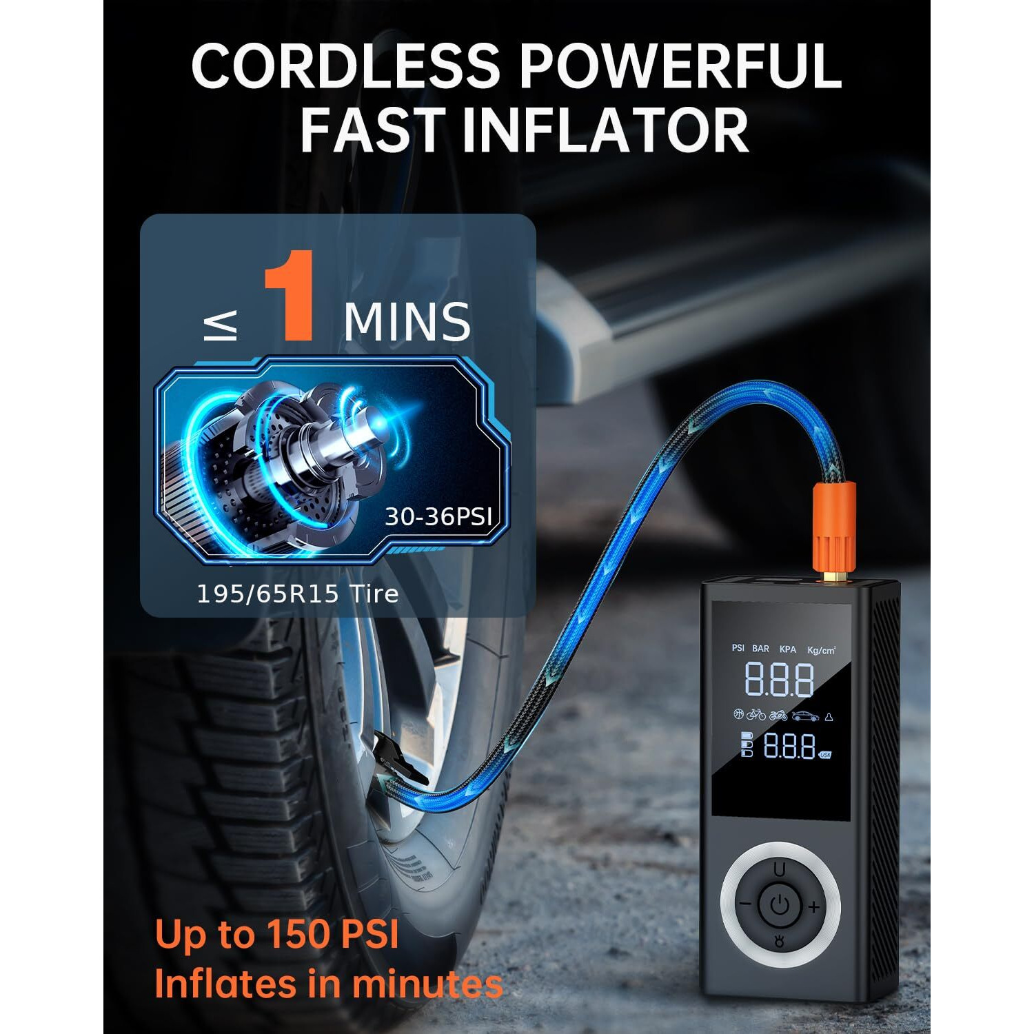 Tire Inflator Portable Air Compressor, Cordless 150 Psi Air Pump With Rechargeable Battery, Tire Pressure Gauge, 12V Car Power Adapter, Smart Air Pump For Car, Motorcycle, Bike, Ball