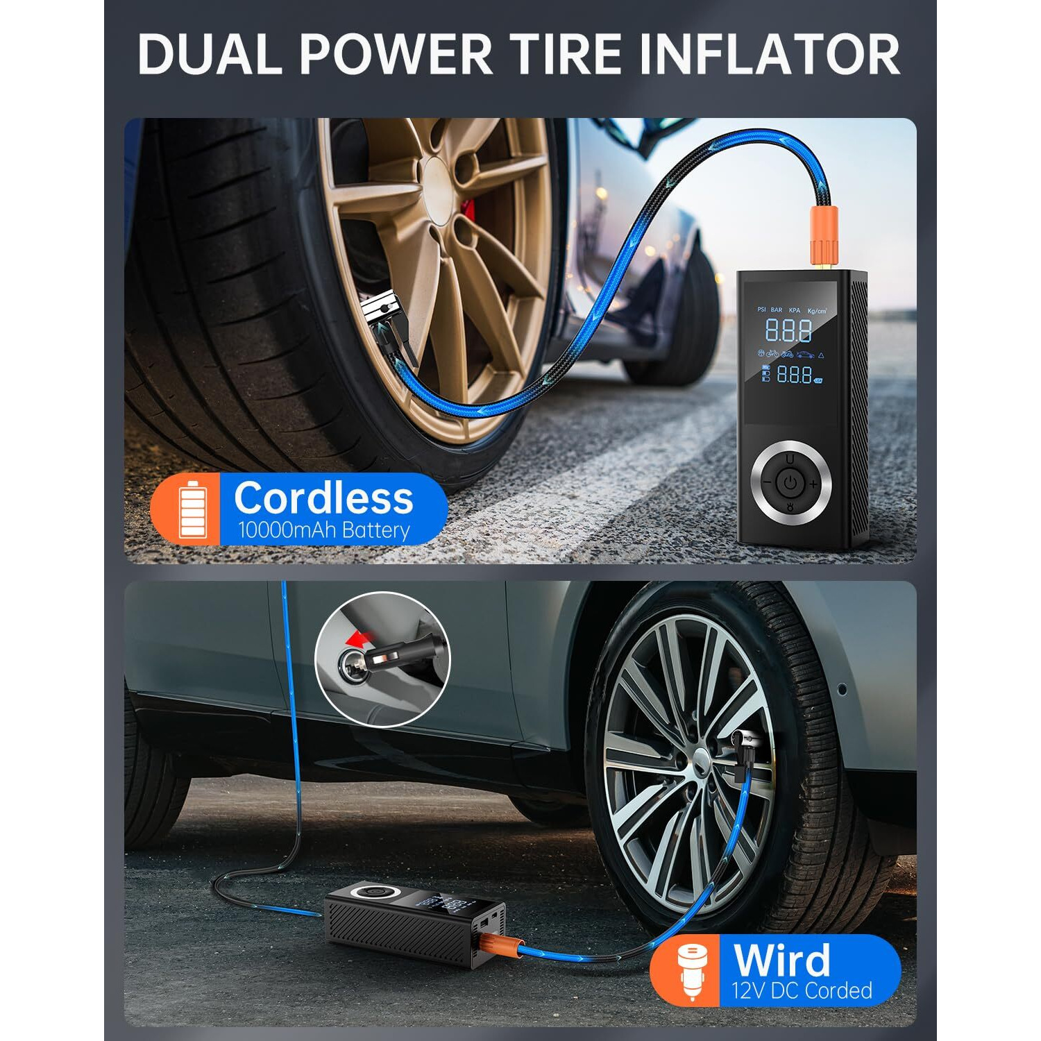 Tire Inflator Portable Air Compressor, Cordless 150 Psi Air Pump With Rechargeable Battery, Tire Pressure Gauge, 12V Car Power Adapter, Smart Air Pump For Car, Motorcycle, Bike, Ball