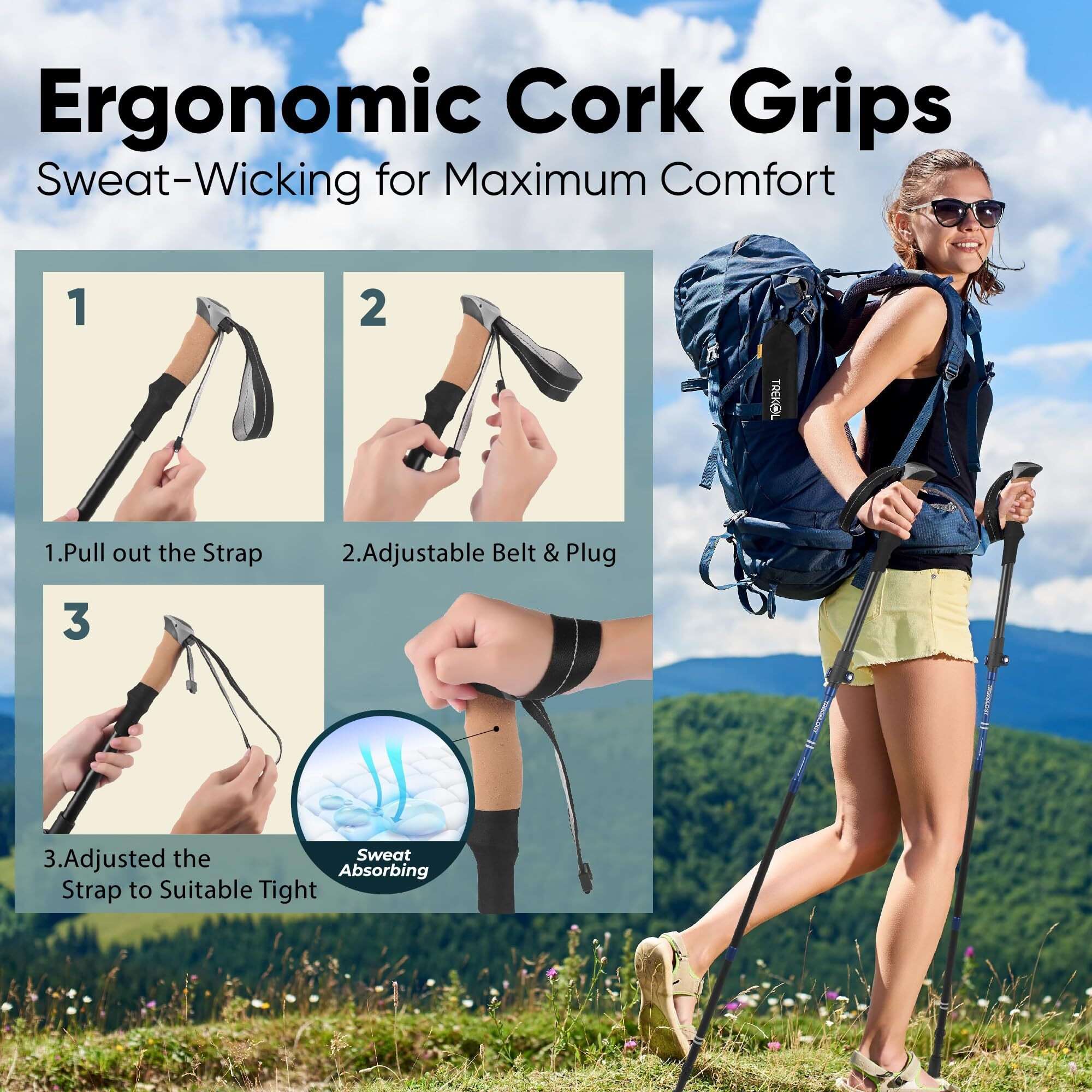 Trekology Hiking Poles With Real Cork Grips, Adjustable For Heights 5'2'' To 6'5'' - Lightweight Trekking Poles, Aircraft-Grade Aluminum, Compact Fold For Hiking & Backpacking (2Pc Set) Trekz Cork Se