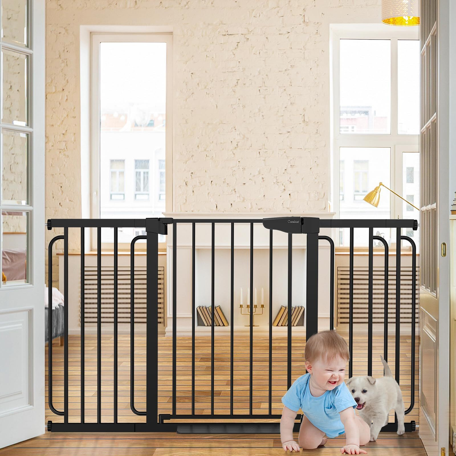 Cumbor 29.7-57"" Extra Wide Baby Gate For Stairs, Mom's Choice Awards Winner-Dog Gate For Doorways, Pressure Mounted Walk Through Safety Child Gate For Kids Toddler, Tall Pet Puppy Fence Gate, Black