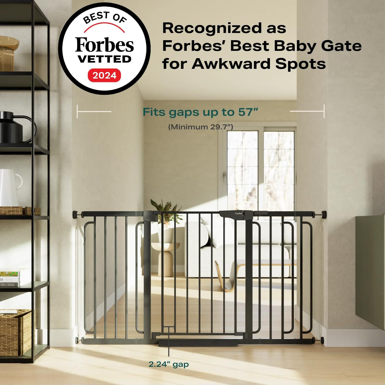 Cumbor 29.7-57"" Extra Wide Baby Gate For Stairs, Mom's Choice Awards Winner-Dog Gate For Doorways, Pressure Mounted Walk Through Safety Child Gate For Kids Toddler, Tall Pet Puppy Fence Gate, Black