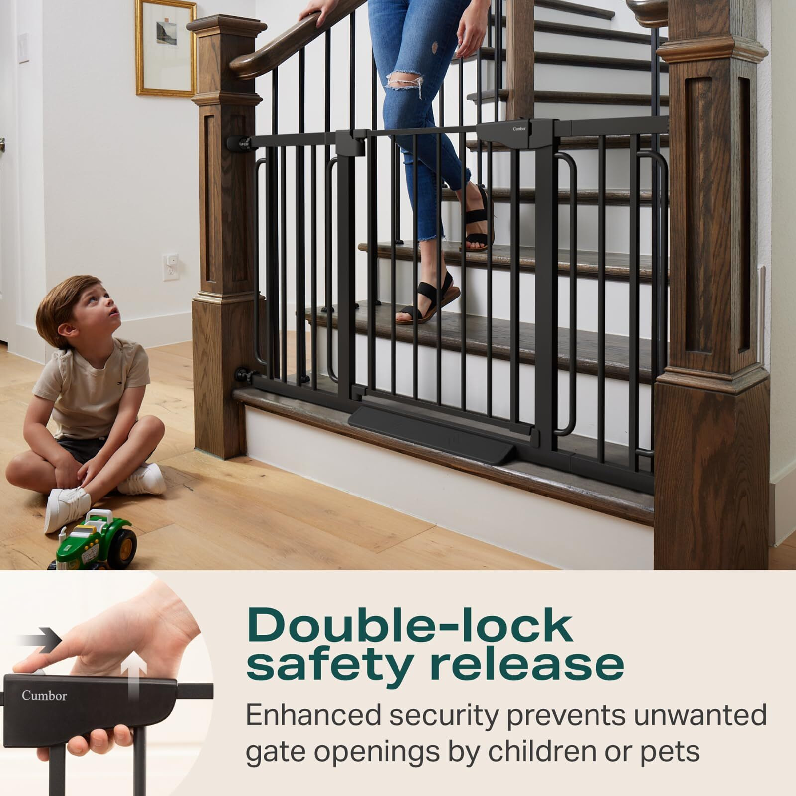 Cumbor 29.7-57"" Extra Wide Baby Gate For Stairs, Mom's Choice Awards Winner-Dog Gate For Doorways, Pressure Mounted Walk Through Safety Child Gate For Kids Toddler, Tall Pet Puppy Fence Gate, Black