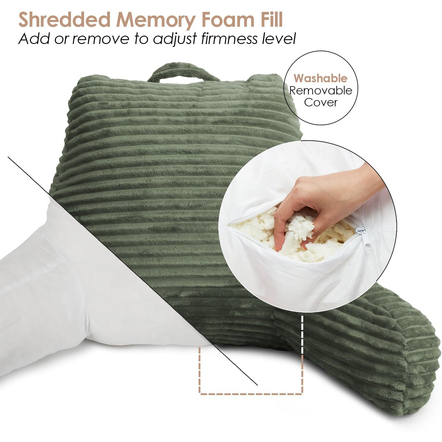 Clara Clark Reading Pillow For Bed Adult - Back Pillow For Sitting In Bed, Standard Bed Pillows For Sitting Up In Bed, Foam Bed Chair Pillow, Olive Green Bed Rest Pillow