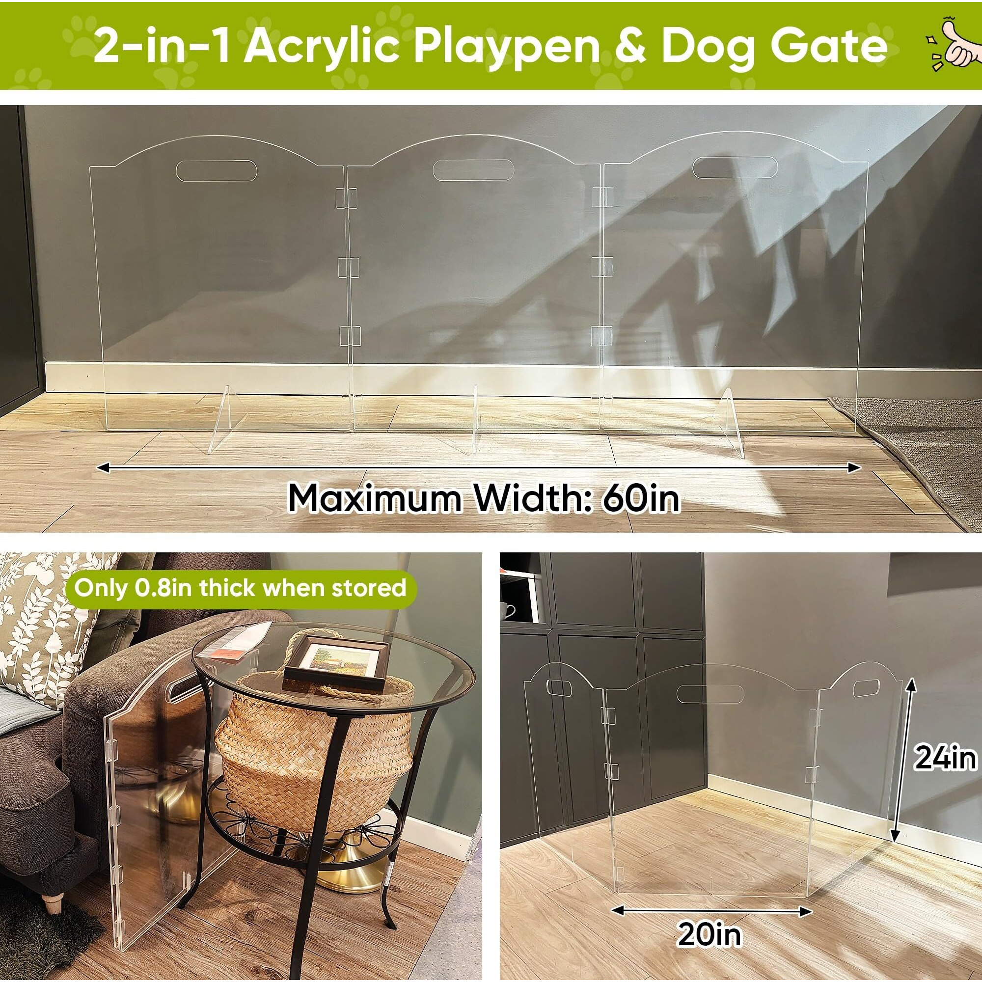 Dog Gate, Clear Acrylic Pet Gate For Dogs, Free Standing Pet Gates For Doorways, Folding Freestanding Puppy Doggy Cat Fence Inside, Dog Barriers For Home 3 Panel