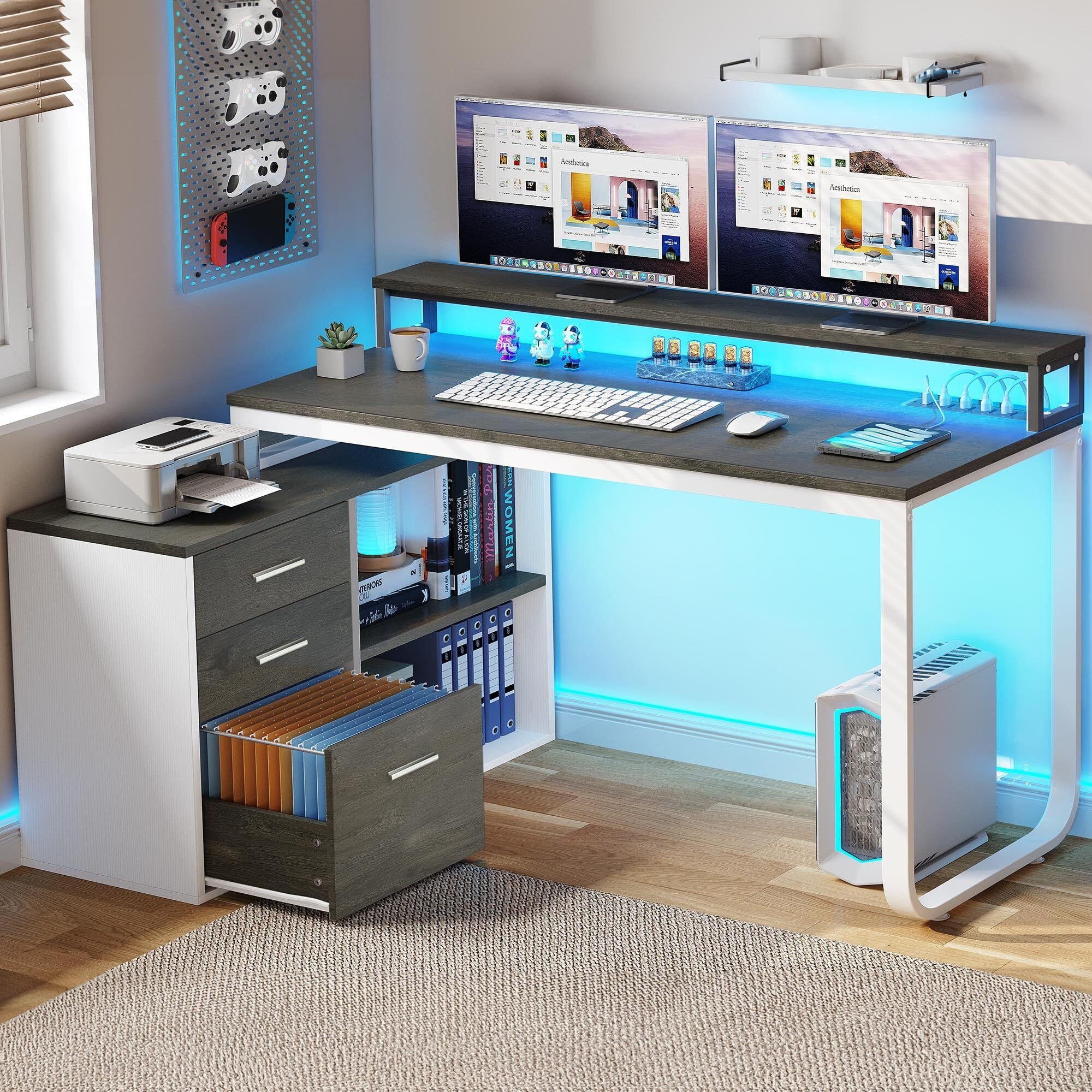 Yitahome L Shaped Desk With Drawers, 55"" Corner Computer Desk With Power Outlets, L-Shaped Desk With Led Lights & File Cabinet For Home Office, White & Grey