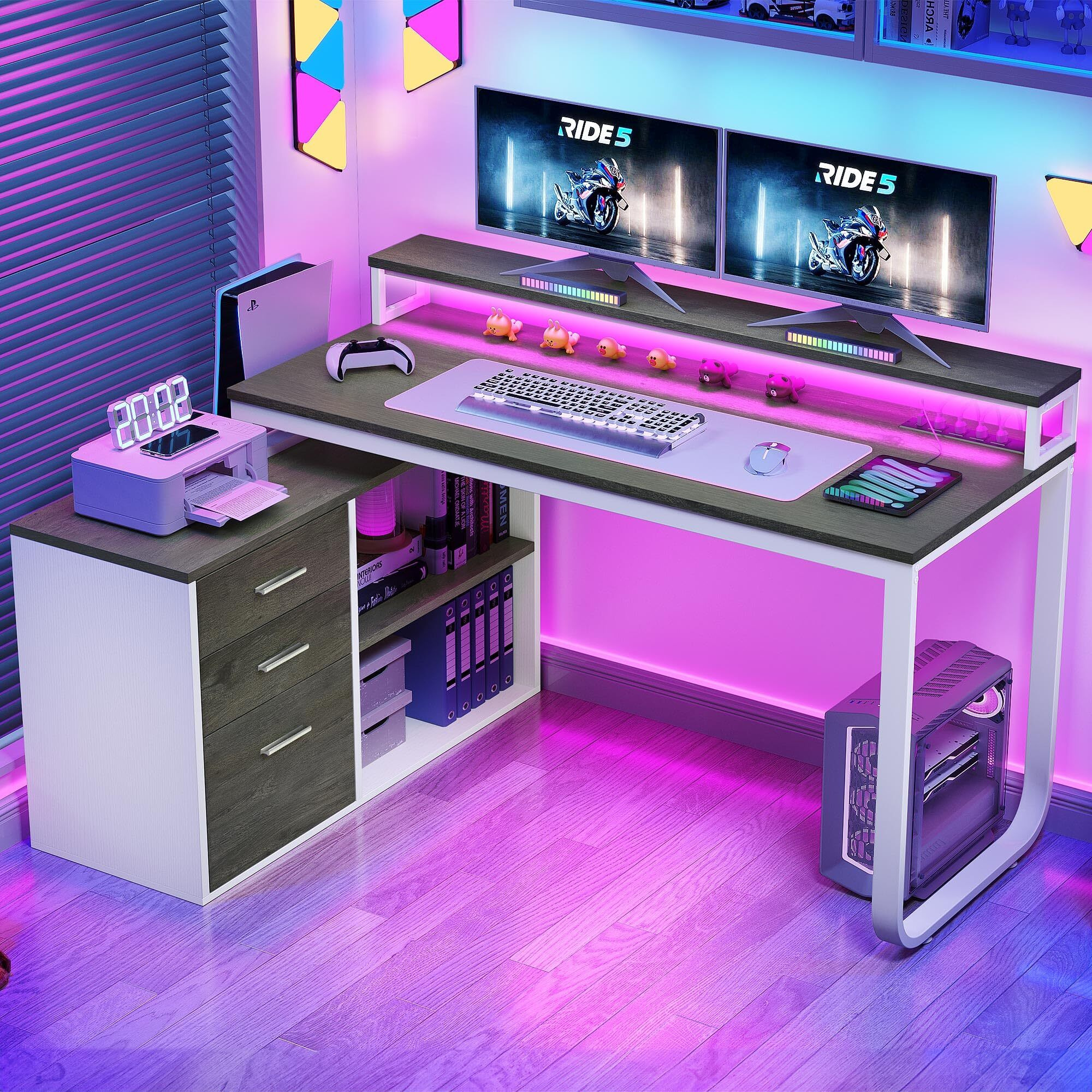 Yitahome L Shaped Desk With Drawers, 55"" Corner Computer Desk With Power Outlets, L-Shaped Desk With Led Lights & File Cabinet For Home Office, White & Grey