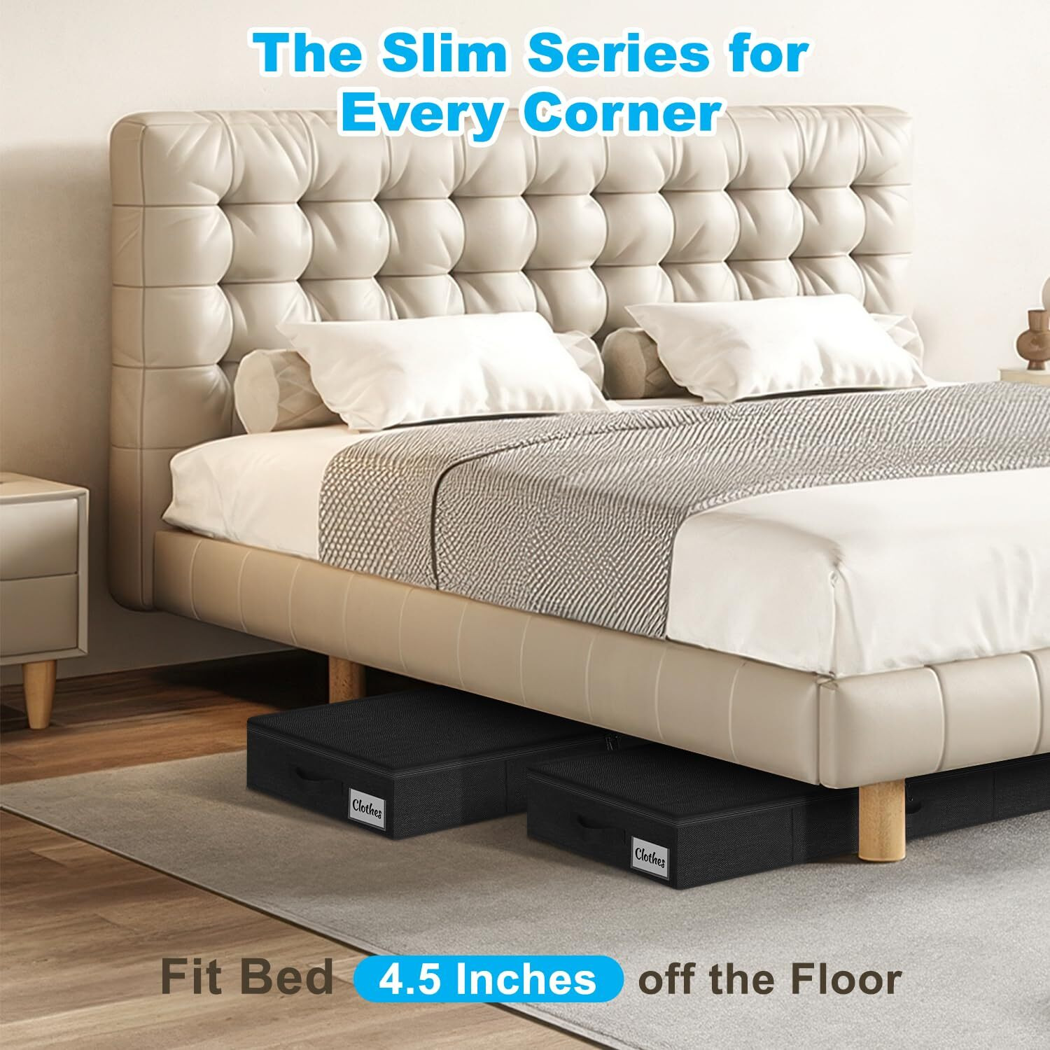 Under Bed Storage Container Bin 4 Pack, 4.5 Inch Slim Low Profile Underbed Clothes Storage Organizer For Dorm & Home, Use For Blanket And Toy Storage Box W/ Sturdy Bottom/Sides, Foldable Thick Fabric