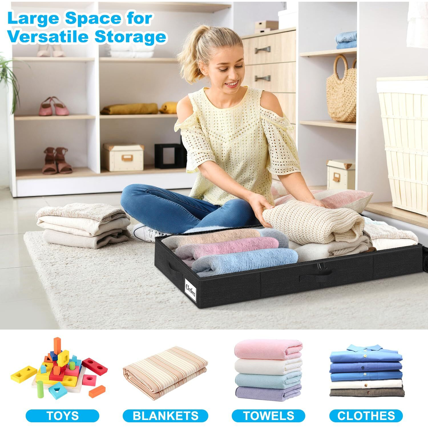 Under Bed Storage Container Bin 4 Pack, 4.5 Inch Slim Low Profile Underbed Clothes Storage Organizer For Dorm & Home, Use For Blanket And Toy Storage Box W/ Sturdy Bottom/Sides, Foldable Thick Fabric