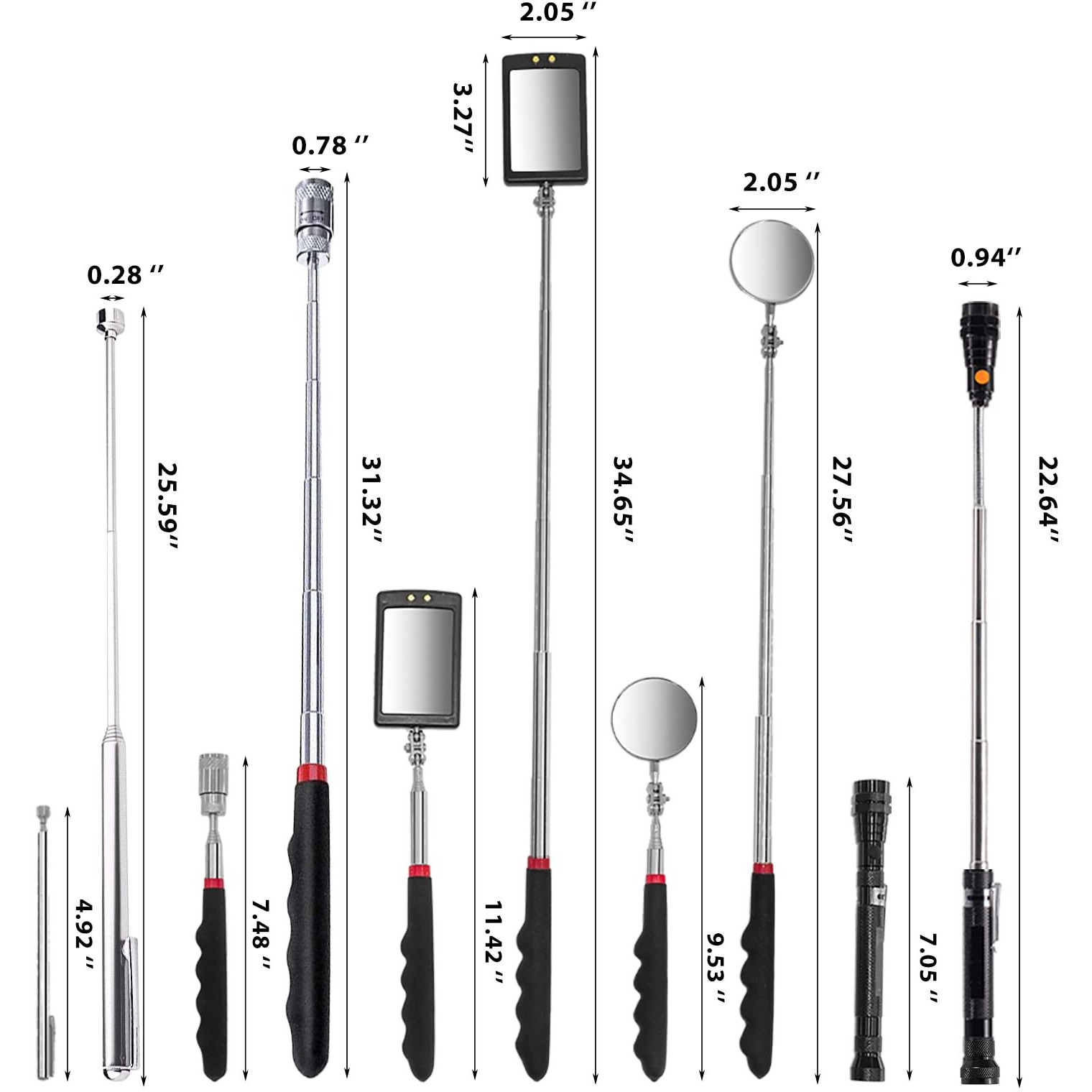 Telescoping Magnetic Pick Up Tool With 1 Lb And 15 Lb Pickup Rod, Round And Square 360 Swivel Adjustable Inspection Mirror And Flexible Led Flashlight, Gifts For Him, Husband, Men