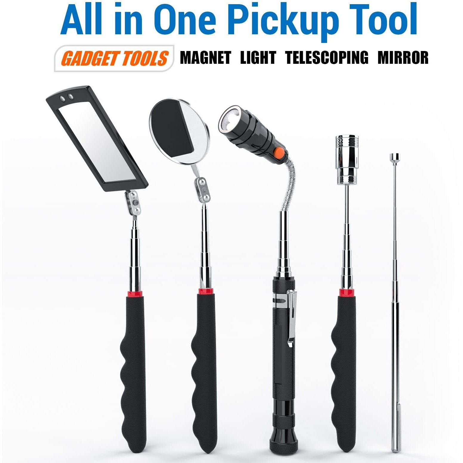 Telescoping Magnetic Pick Up Tool With 1 Lb And 15 Lb Pickup Rod, Round And Square 360 Swivel Adjustable Inspection Mirror And Flexible Led Flashlight, Gifts For Him, Husband, Men