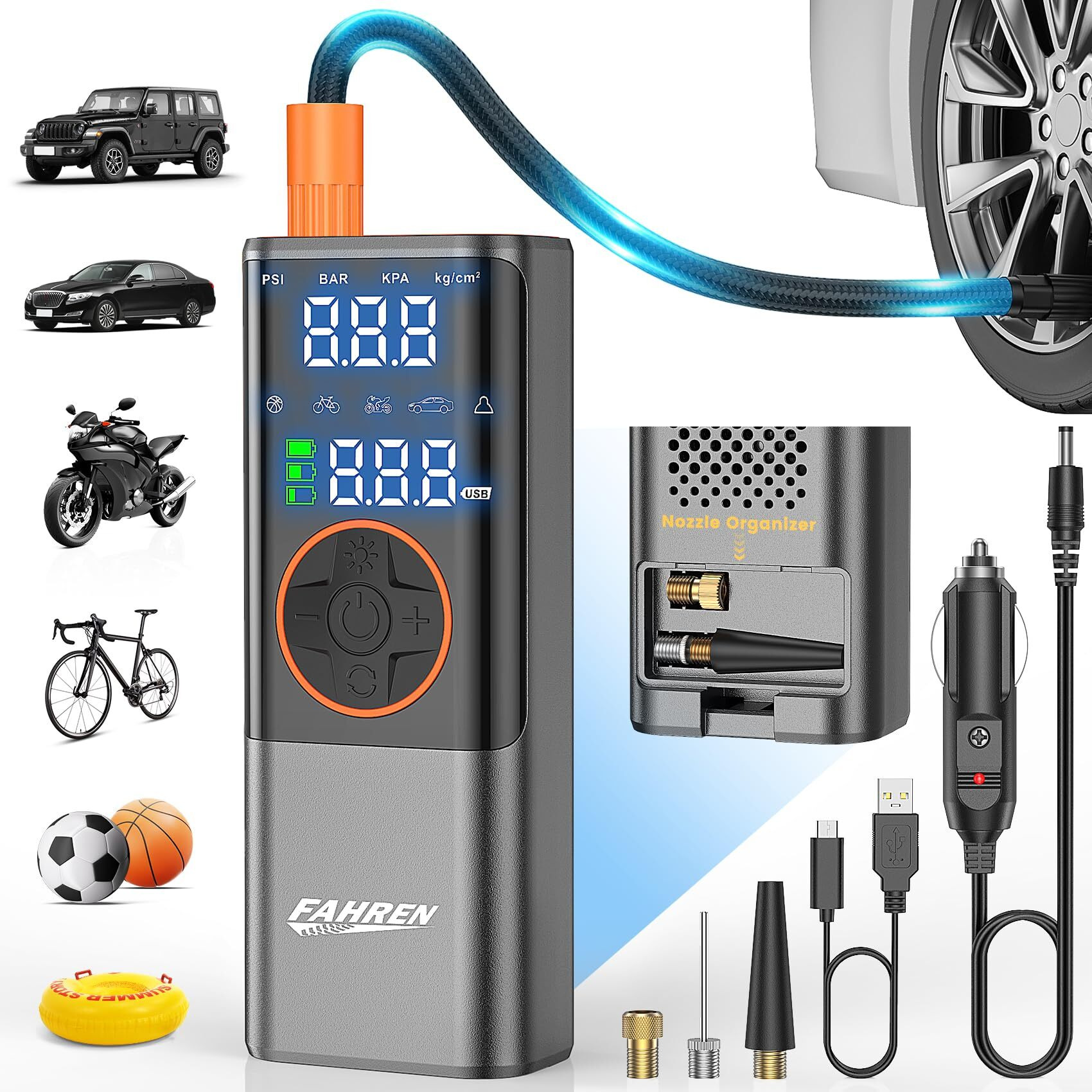 Fahren Portable Tire Inflator For Car, 150Psi Cordless Tire Inflator Portable Air Compressor, Rechargeable Digital Tire Inflator With Gauge, Air Pump For Car, Motorcycle, E-Bike, Ball