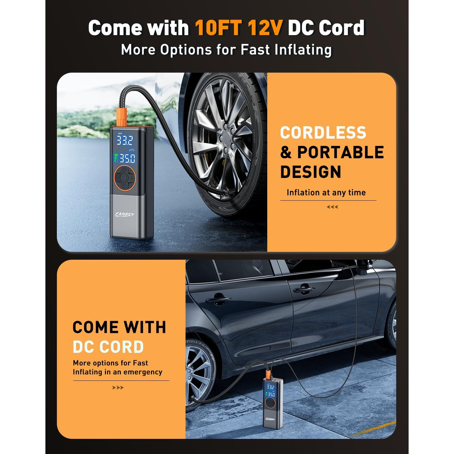 Fahren Portable Tire Inflator For Car, 150Psi Cordless Tire Inflator Portable Air Compressor, Rechargeable Digital Tire Inflator With Gauge, Air Pump For Car, Motorcycle, E-Bike, Ball
