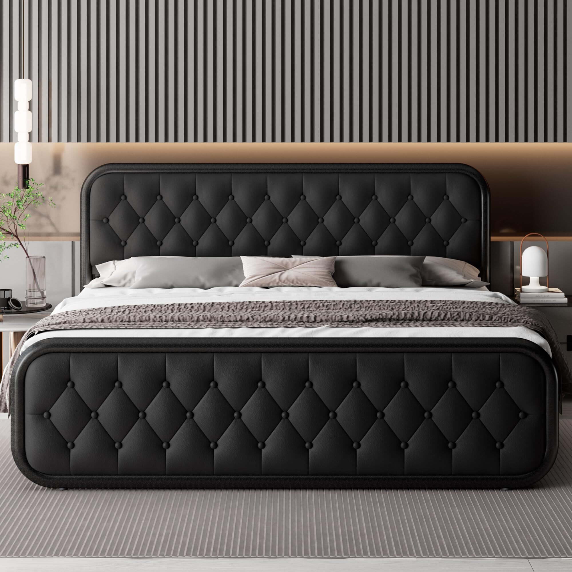 Feonase King Size Bed Frame, Upholstered Bed Frame With Faux Leather Headboard, Heavy Duty Platform Bed With Strong Metal Slats, 12 Inch Under-Bed Storage, Noise-Free, Easy Assembly, Black