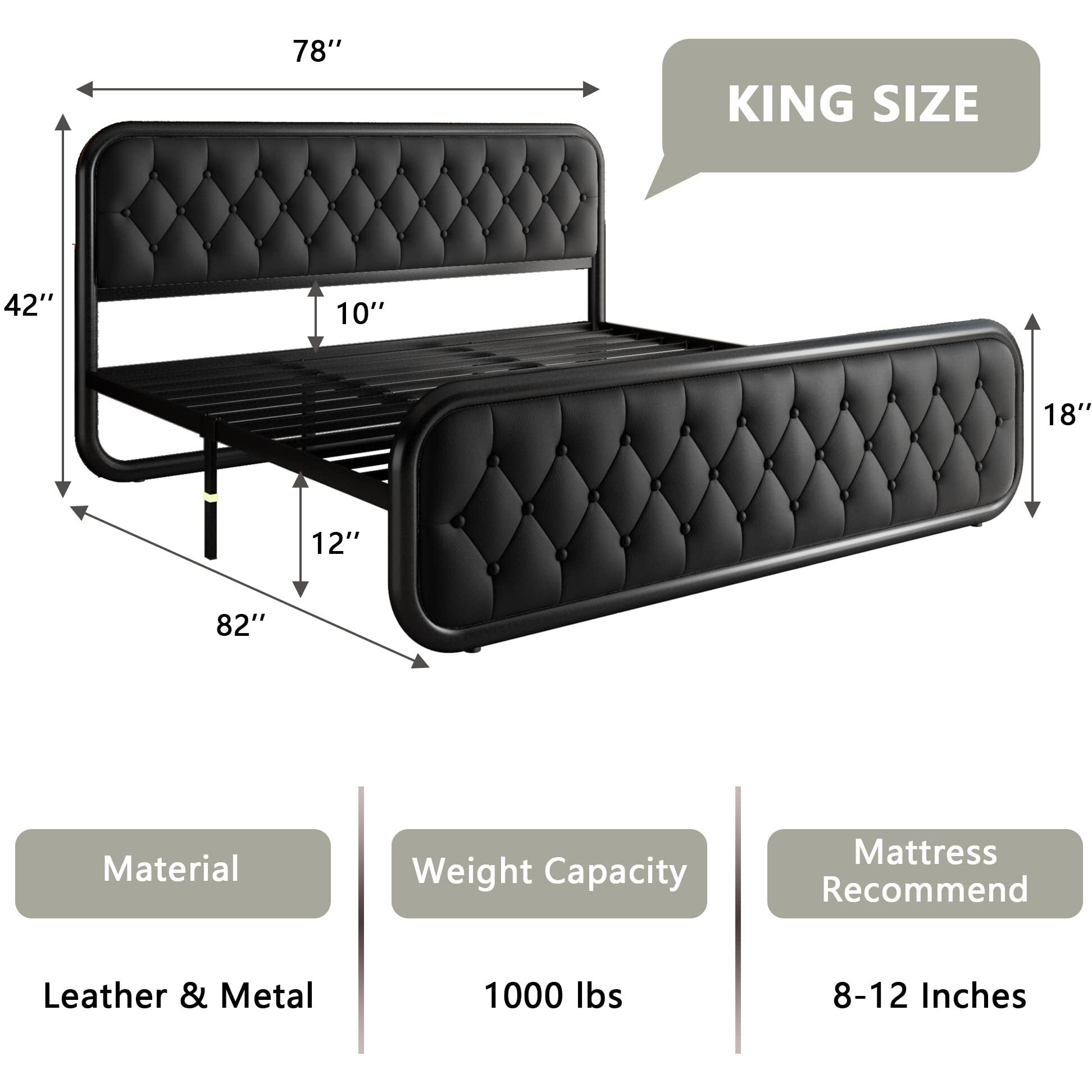 Feonase King Size Bed Frame, Upholstered Bed Frame With Faux Leather Headboard, Heavy Duty Platform Bed With Strong Metal Slats, 12 Inch Under-Bed Storage, Noise-Free, Easy Assembly, Black