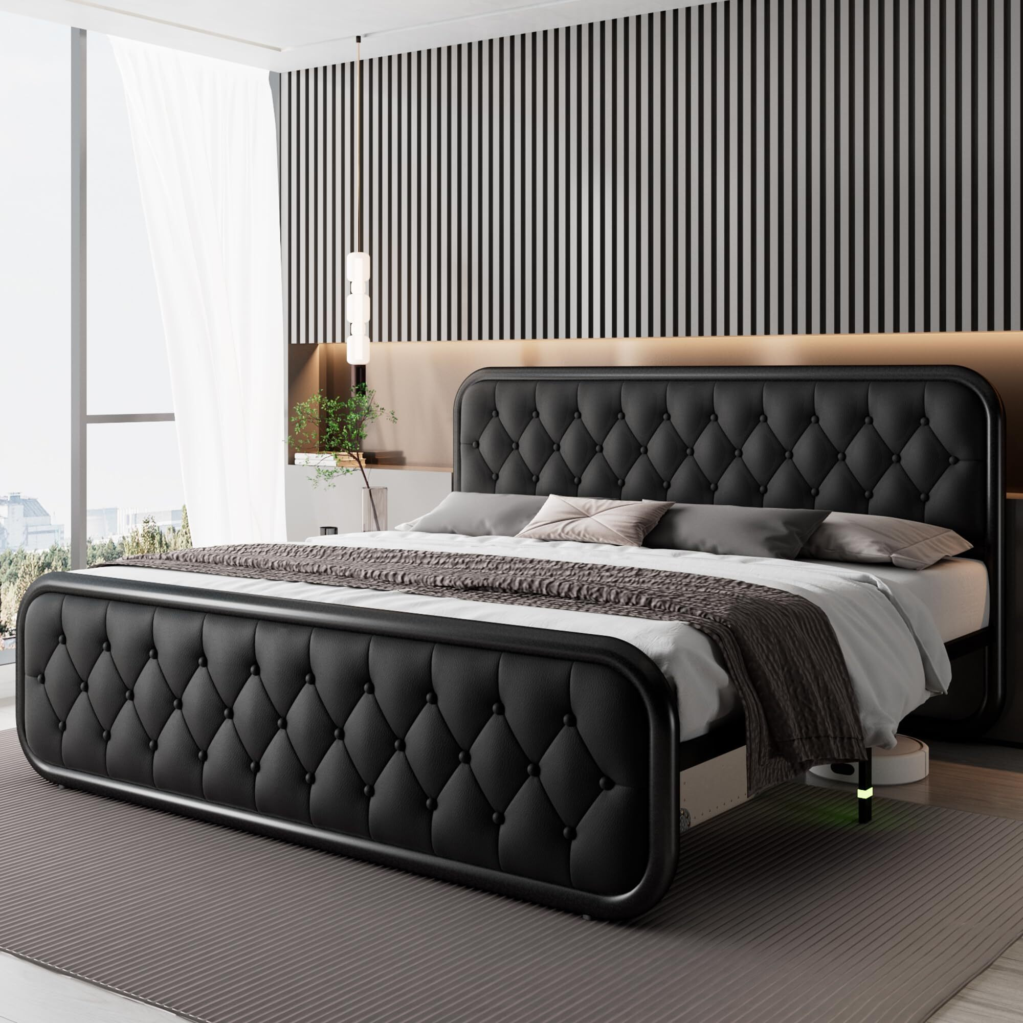 Feonase King Size Bed Frame, Upholstered Bed Frame With Faux Leather Headboard, Heavy Duty Platform Bed With Strong Metal Slats, 12 Inch Under-Bed Storage, Noise-Free, Easy Assembly, Black