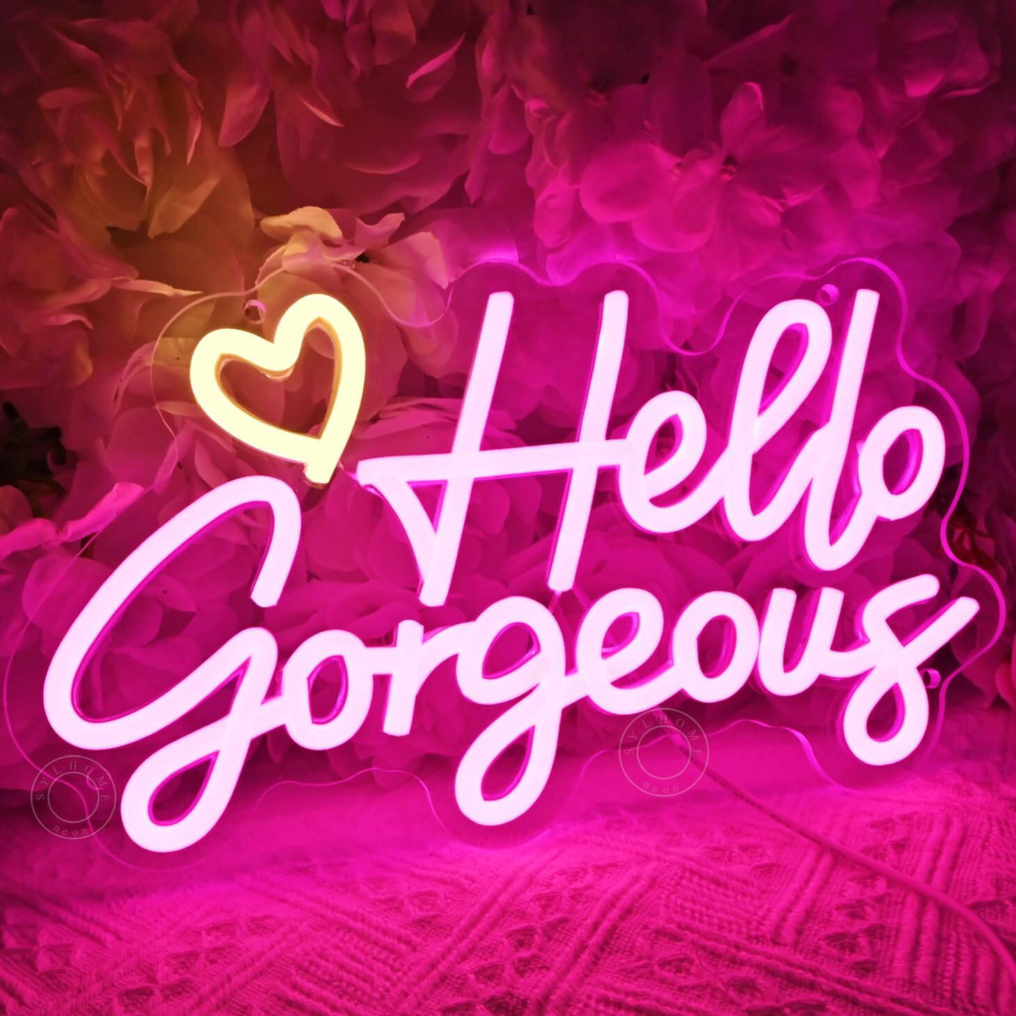 Sylhome Hello Gorgeous Led Neon Light Sign Heart Bedroom Girls Room Wall Decor Sign Bar Beauty Studio Salon Wedding Birthday Christmas Party Gifts 11.8"" X 6.8"" Usb