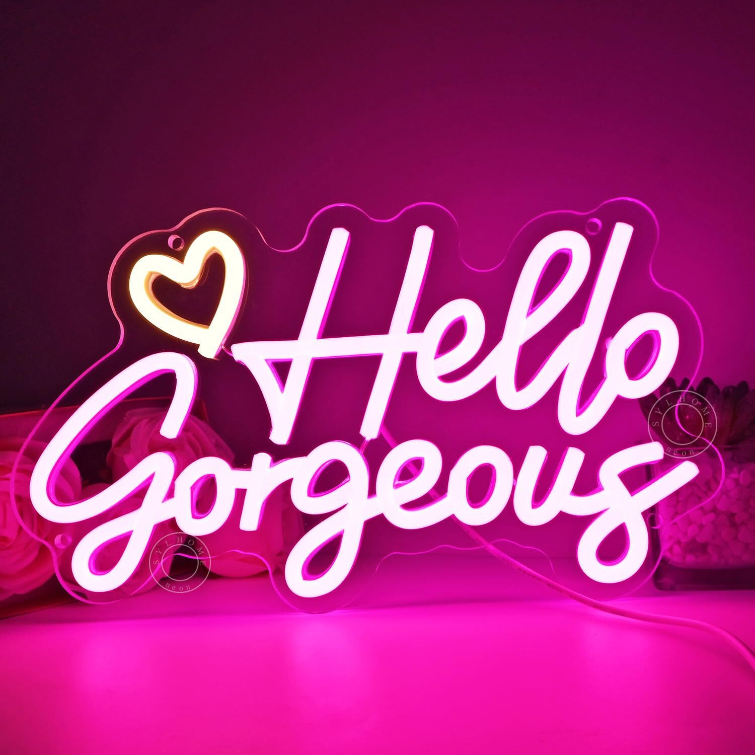 Sylhome Hello Gorgeous Led Neon Light Sign Heart Bedroom Girls Room Wall Decor Sign Bar Beauty Studio Salon Wedding Birthday Christmas Party Gifts 11.8"" X 6.8"" Usb