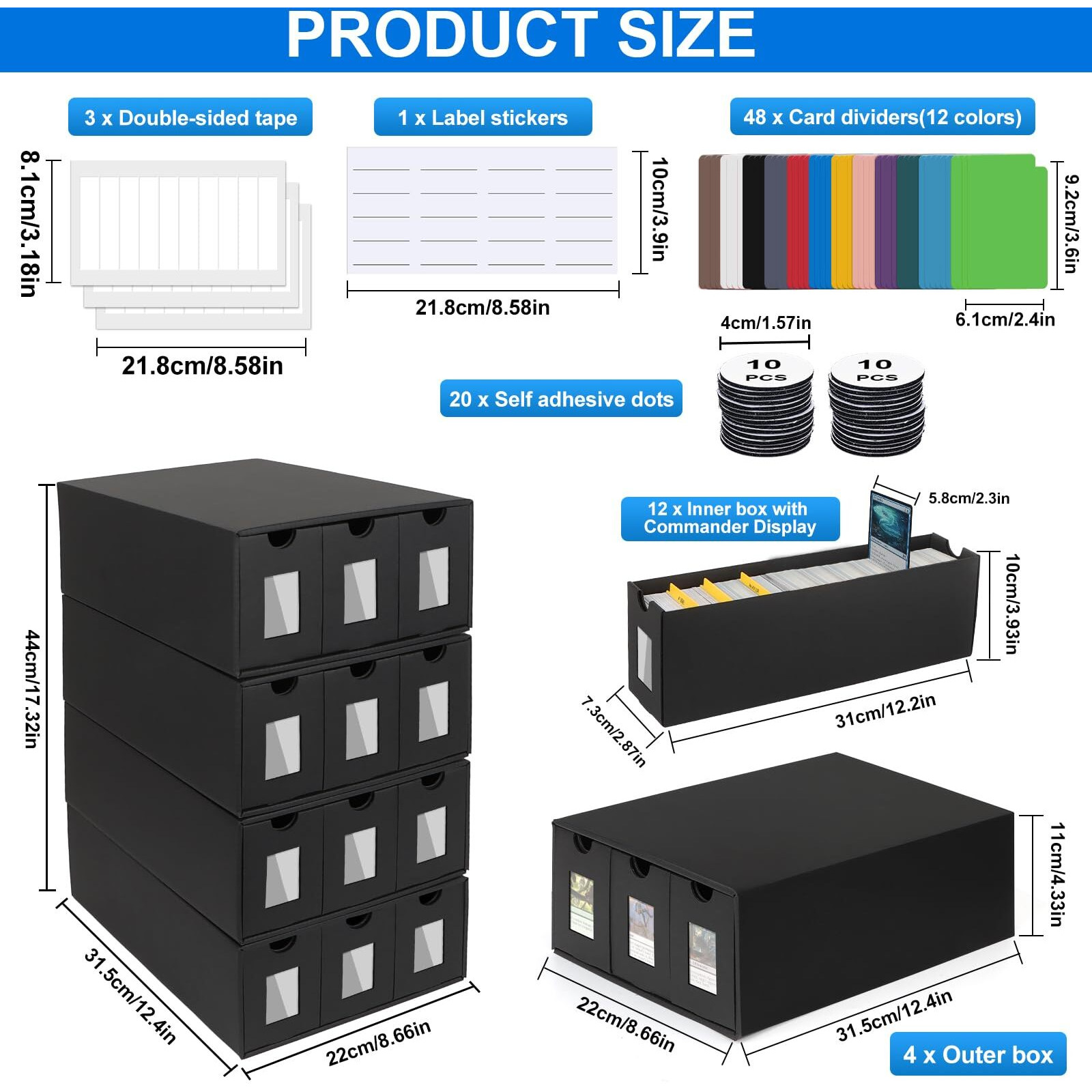 12000+ Trading Card Storage Box For Commander Display, Card Deck Box Cardboard With 48 Card Dividers, Labels & Tapes, Trading Card Collection Box Fit For Yugioh, Tcg, Ptcg, Mtg And Sport Cards