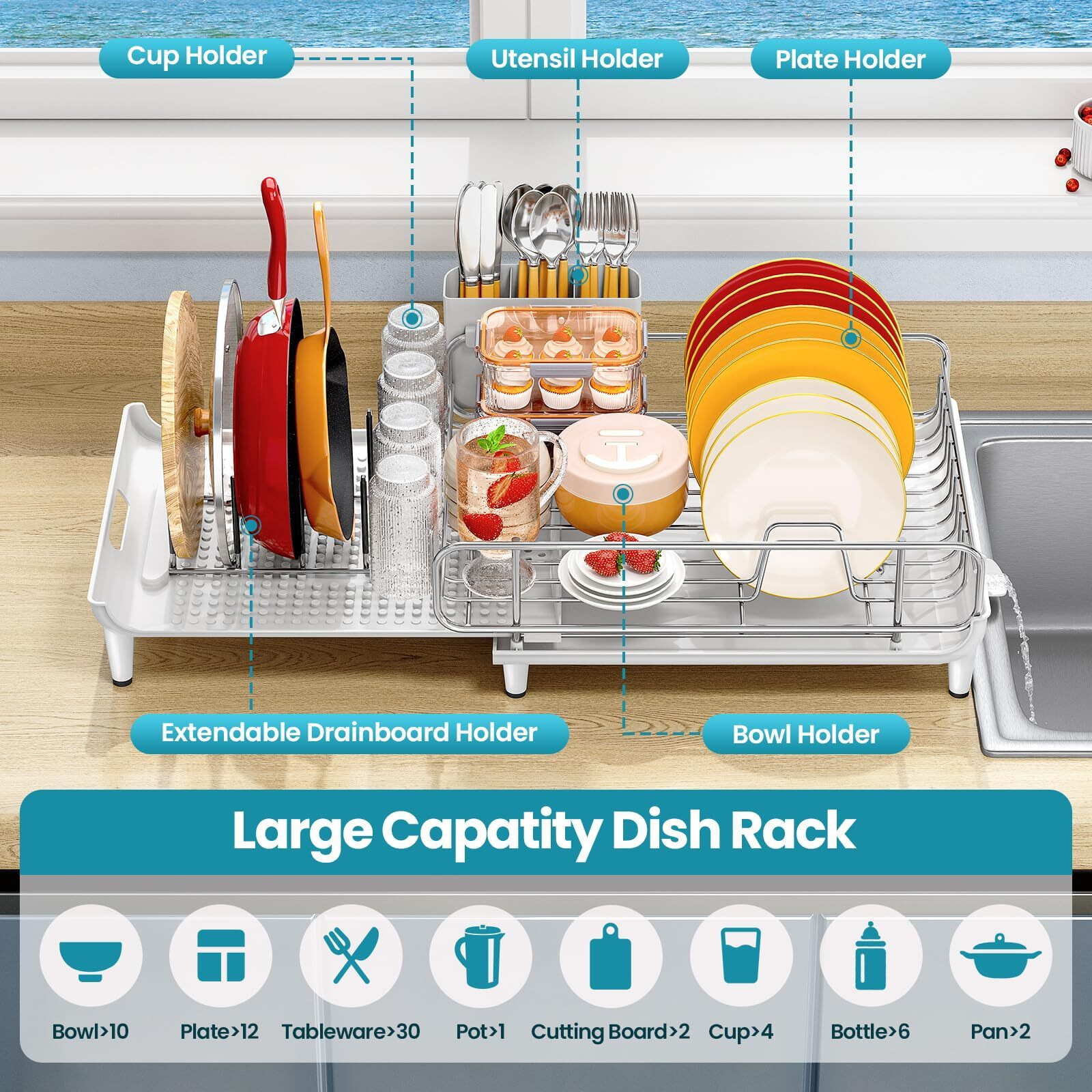 Toolf Expandable Dish Rack, Dish Drying Rack For Kitchen Counter, Foldable Dish Dryer Rack, Stainless Steel Dish Drainer Racks With Cutlery Holder, Collapsible Dish Drying Racks Large Size, White
