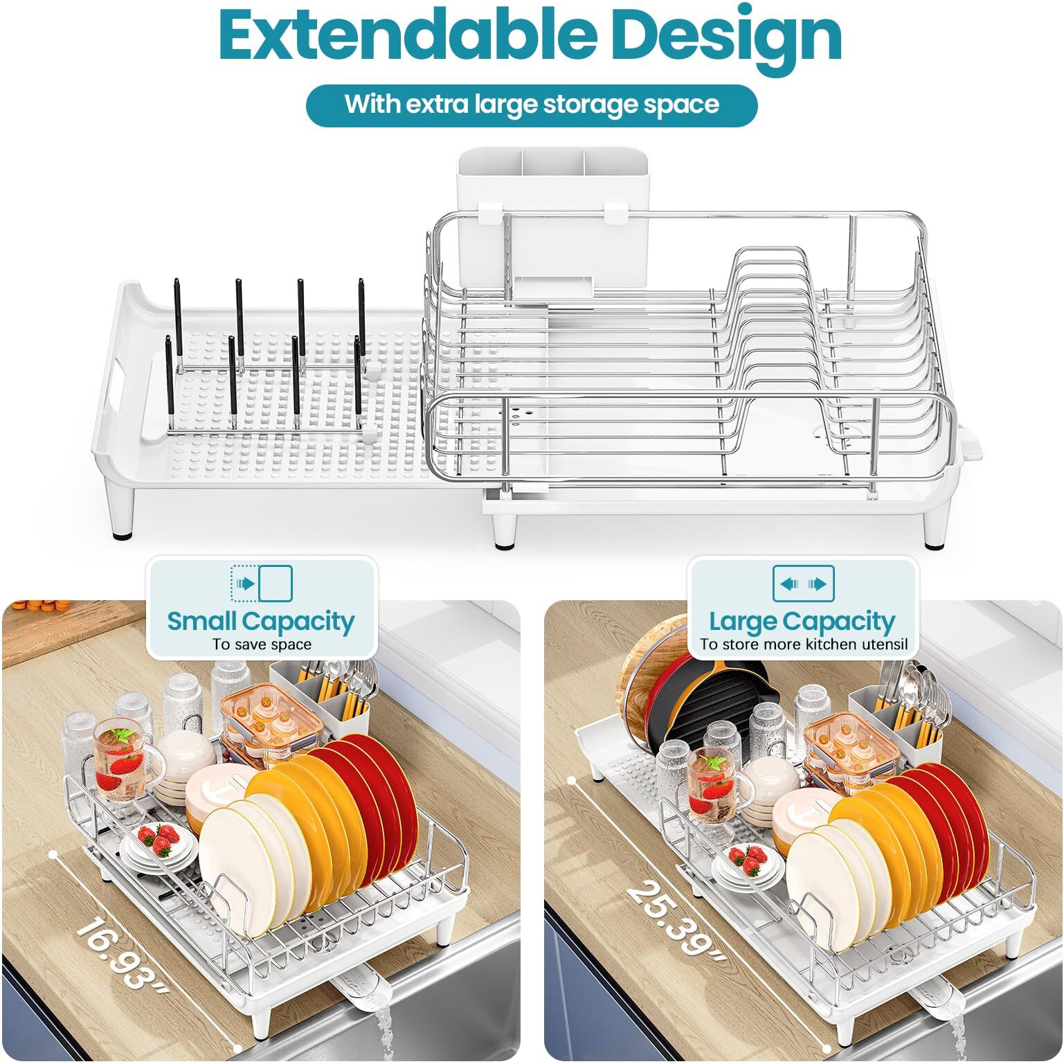 Toolf Expandable Dish Rack, Dish Drying Rack For Kitchen Counter, Foldable Dish Dryer Rack, Stainless Steel Dish Drainer Racks With Cutlery Holder, Collapsible Dish Drying Racks Large Size, White