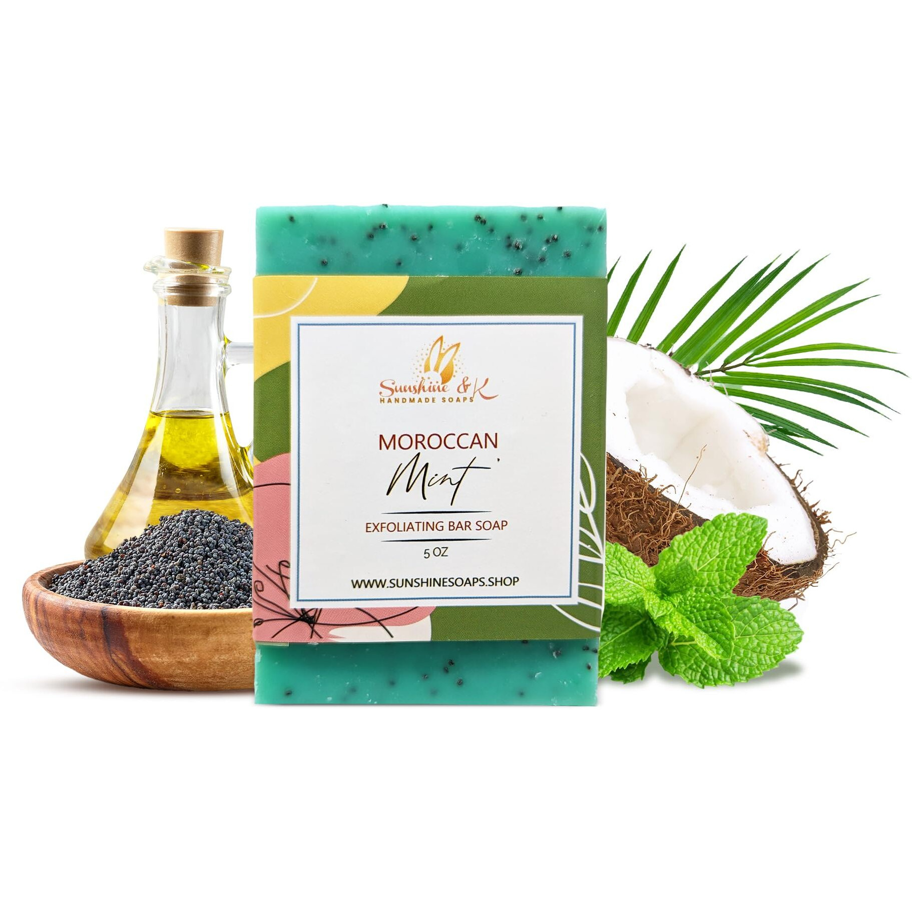Moroccan Mint Exfoliating Soap, Bar Soap With Poppy Seeds & Shea Butter, Natural Base Oils Body Soap, Body Soap Bars With 6 Natural Base Oils, 4.5 Oz, Sunshine & K Handmade Soaps