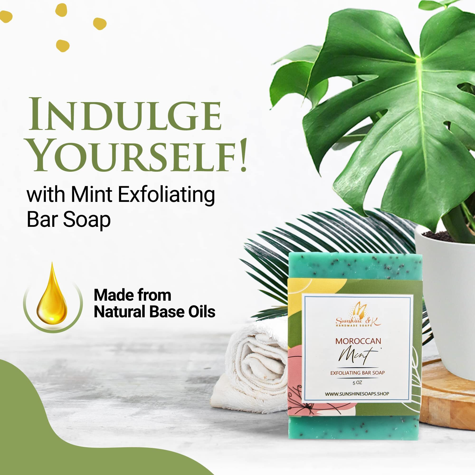 Moroccan Mint Exfoliating Soap, Bar Soap With Poppy Seeds & Shea Butter, Natural Base Oils Body Soap, Body Soap Bars With 6 Natural Base Oils, 4.5 Oz, Sunshine & K Handmade Soaps