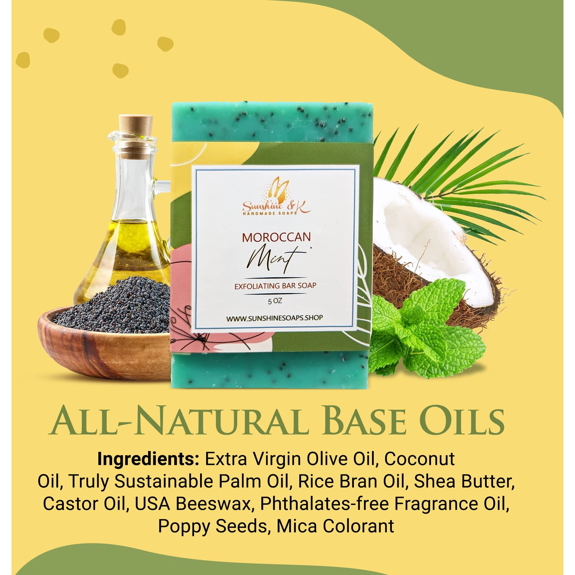 Moroccan Mint Exfoliating Soap, Bar Soap With Poppy Seeds & Shea Butter, Natural Base Oils Body Soap, Body Soap Bars With 6 Natural Base Oils, 4.5 Oz, Sunshine & K Handmade Soaps