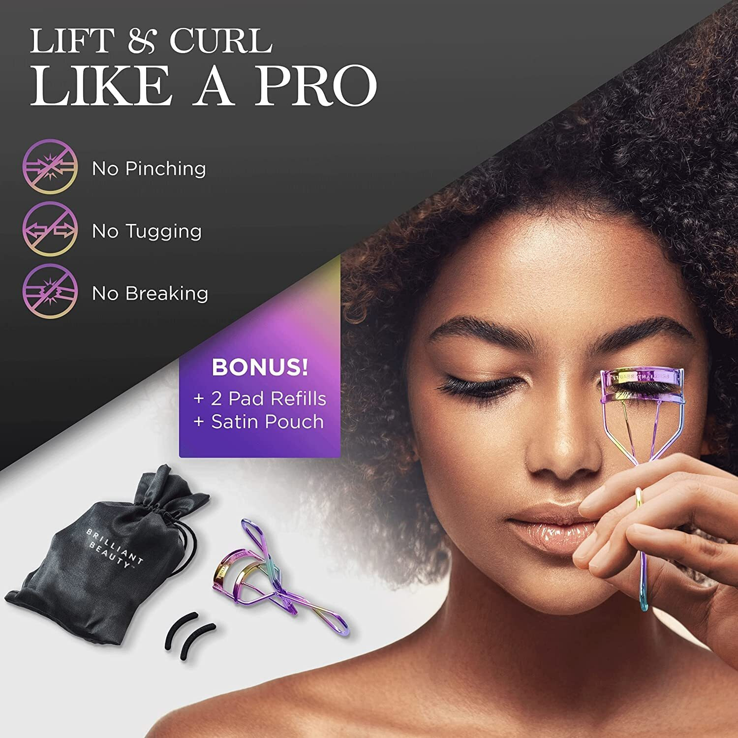 Eyelash Curler With Satin Bag & Refill Pads - Award Winning - No Pinching, Just Dramatically Curled Eyelashes For A Lash Lift In Seconds (Prism)