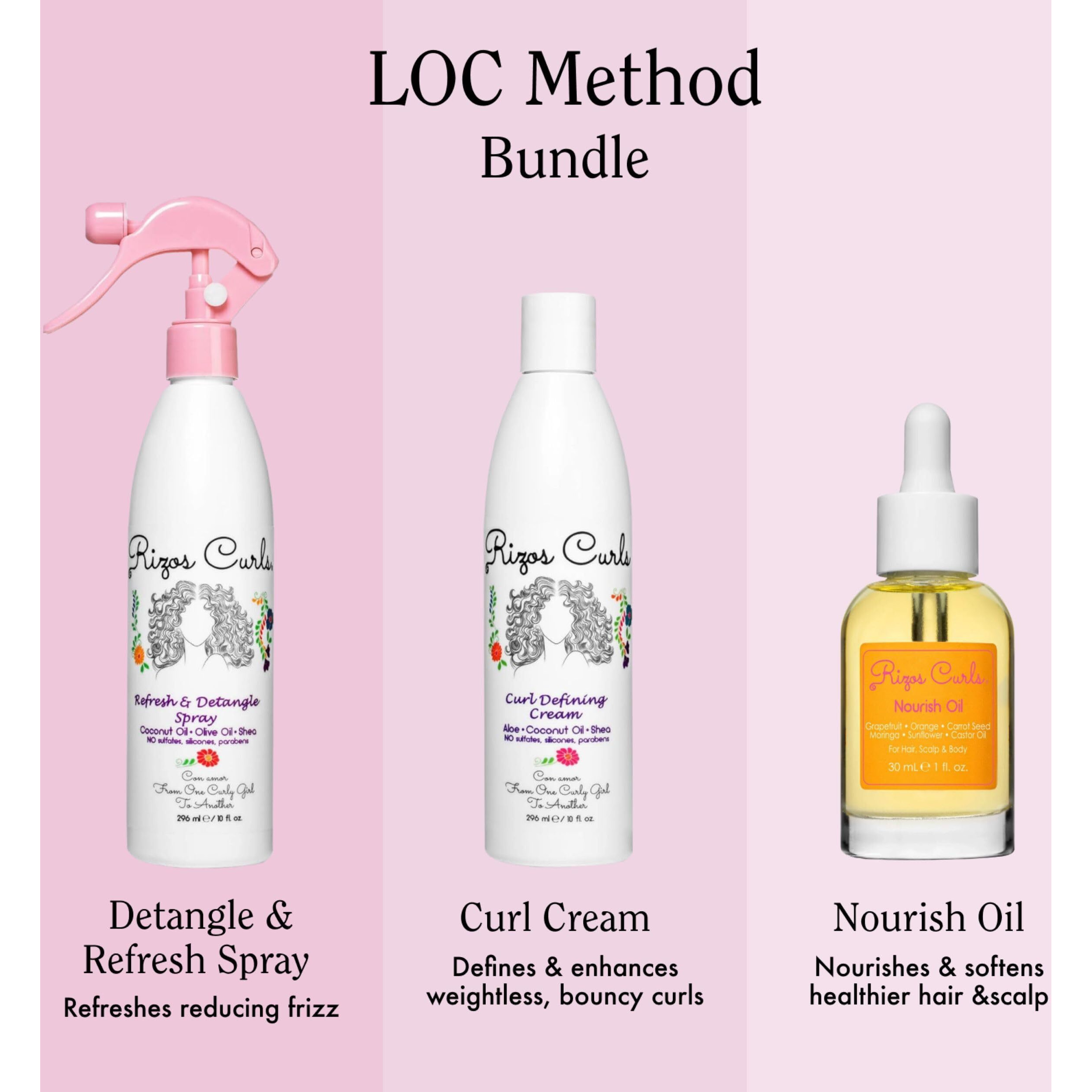 Rizos Curls Loc Method Bundle, Refresh And Detangle Spray & Nourish Oil & Curl Defining Cream Bundle, Add Deep Moisture While Detangling And Adding Shine