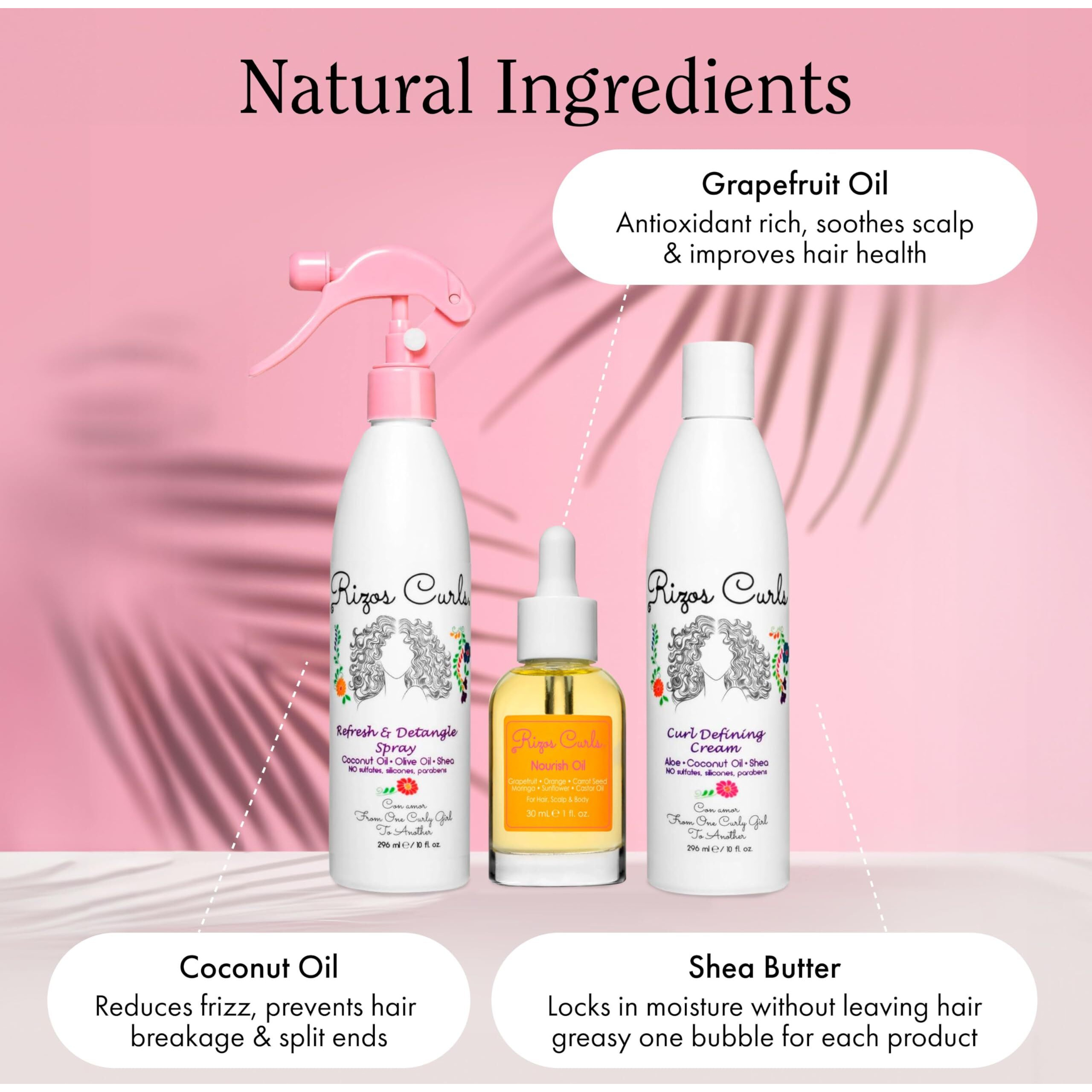Rizos Curls Loc Method Bundle, Refresh And Detangle Spray & Nourish Oil & Curl Defining Cream Bundle, Add Deep Moisture While Detangling And Adding Shine