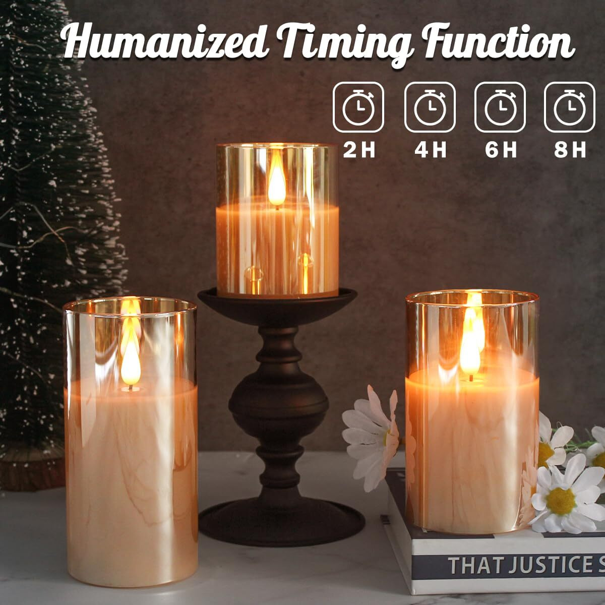 Ledholyt Rechargeable Flameless Candle, Flashing Led Pillar Real Wax Candle With Remote Control And Timer, Upgraded Teardrop Wick, Gold Glass Electronic Candle, 1 Set Of 3