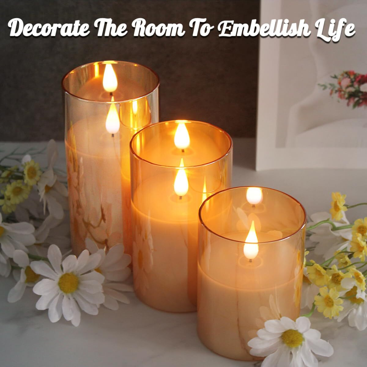 Ledholyt Rechargeable Flameless Candle, Flashing Led Pillar Real Wax Candle With Remote Control And Timer, Upgraded Teardrop Wick, Gold Glass Electronic Candle, 1 Set Of 3