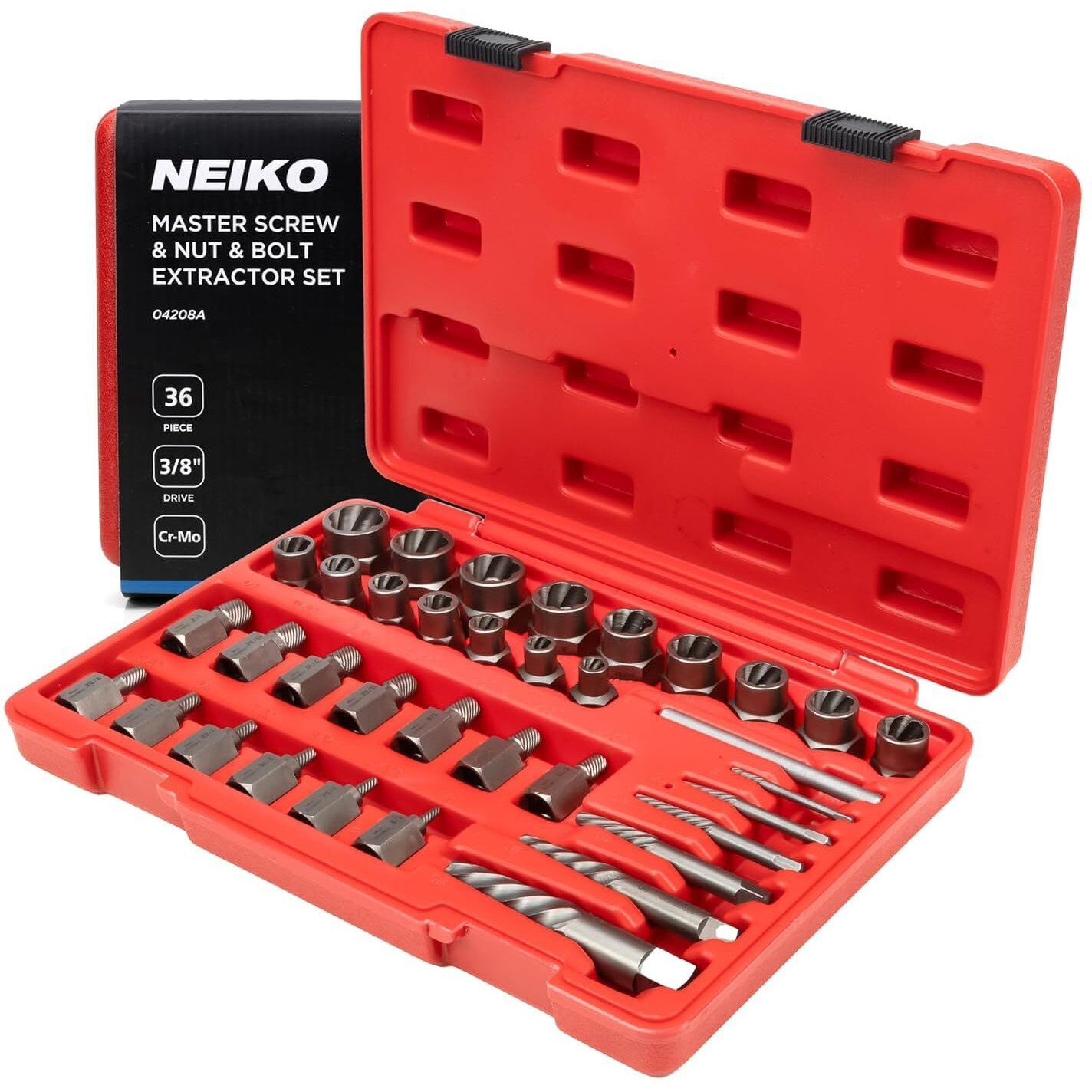 Neiko 04208A Master Screw, Nut, & Bolt Extractor, 36 Piece Lug Nut Removal Tool, 3/8 Dr., Deep And Shallow Stripped Bolt Extractor Socket Set, Rounded Bolt Removal Tool, Nut Remover Socket Set, Cr-Mo