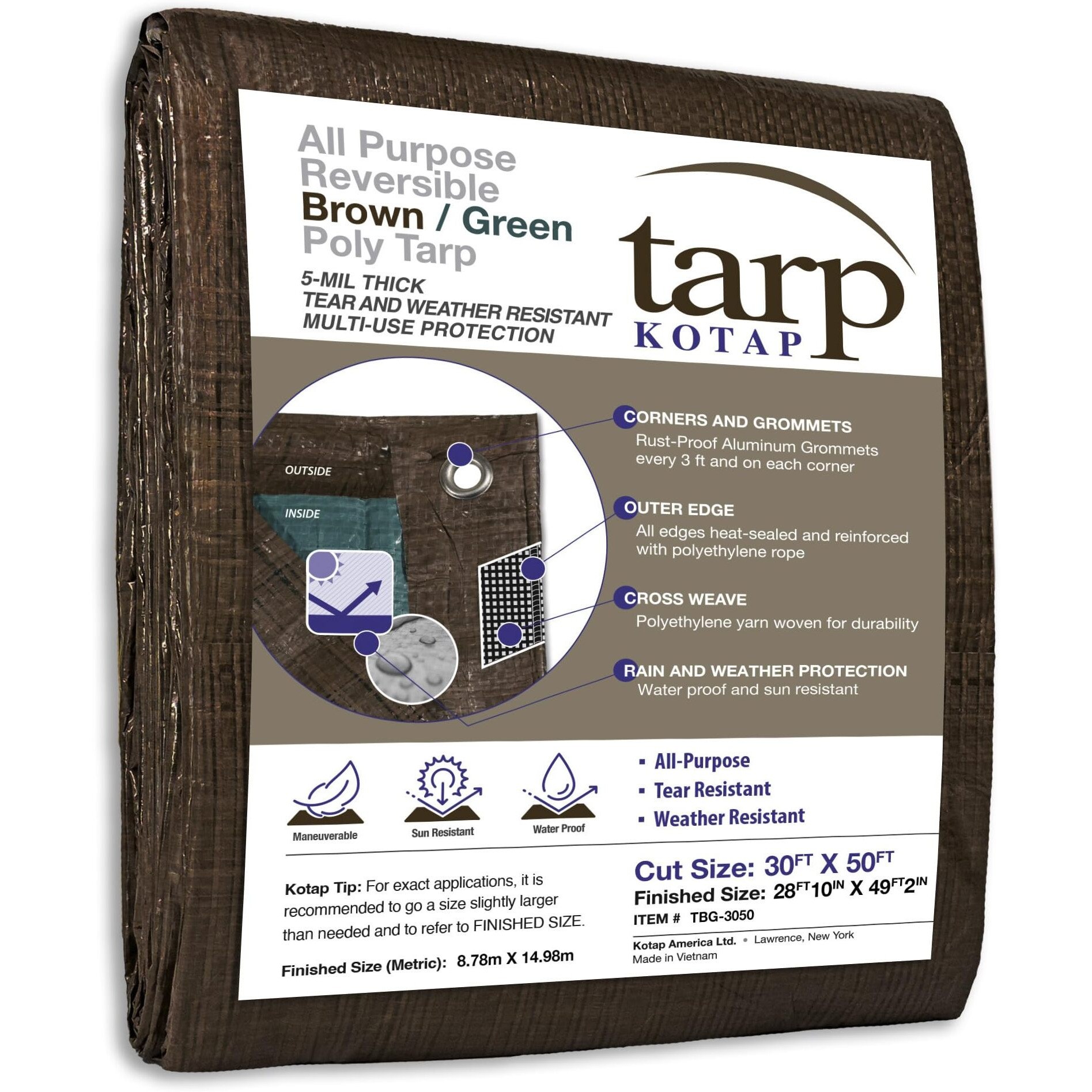 Kotap 30 X 50 Ft. All-Purpose Multi-Use Protection/Coverage 5-Mil Poly Tarp, Reversible, Waterproof, Brown/Green, (Tbg-3050)