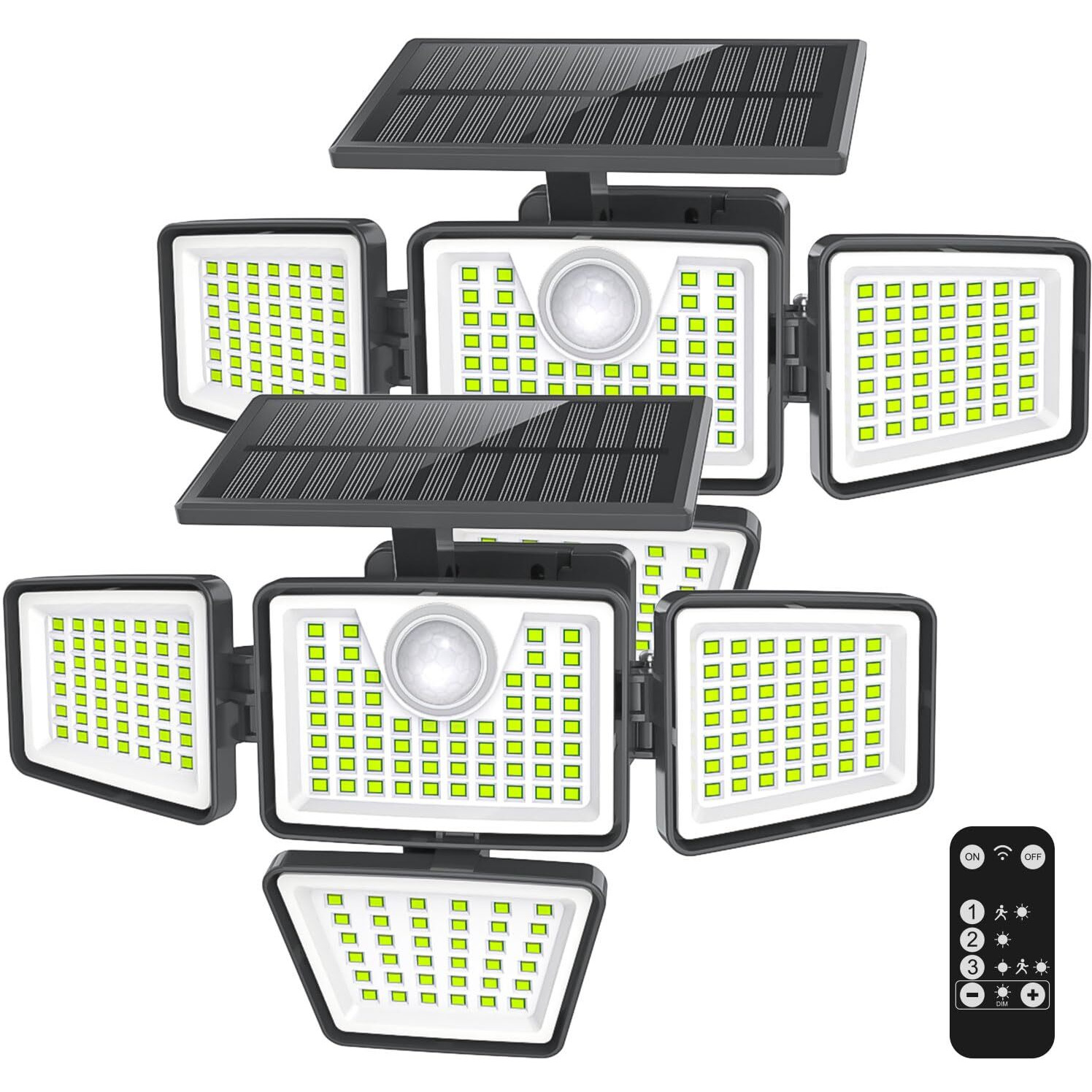 Daphino Solar Lights Outdoor 3000Lm Motion Sensor Outdoor Lights,4 Head 355 Wide Angle Street Area Lights, Waterproof Security Lights With 3 Modes(Remote,2 Pcs)