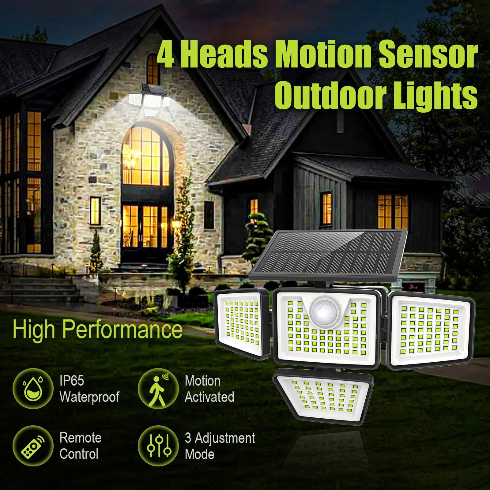 Daphino Solar Lights Outdoor 3000Lm Motion Sensor Outdoor Lights,4 Head 355 Wide Angle Street Area Lights, Waterproof Security Lights With 3 Modes(Remote,2 Pcs)