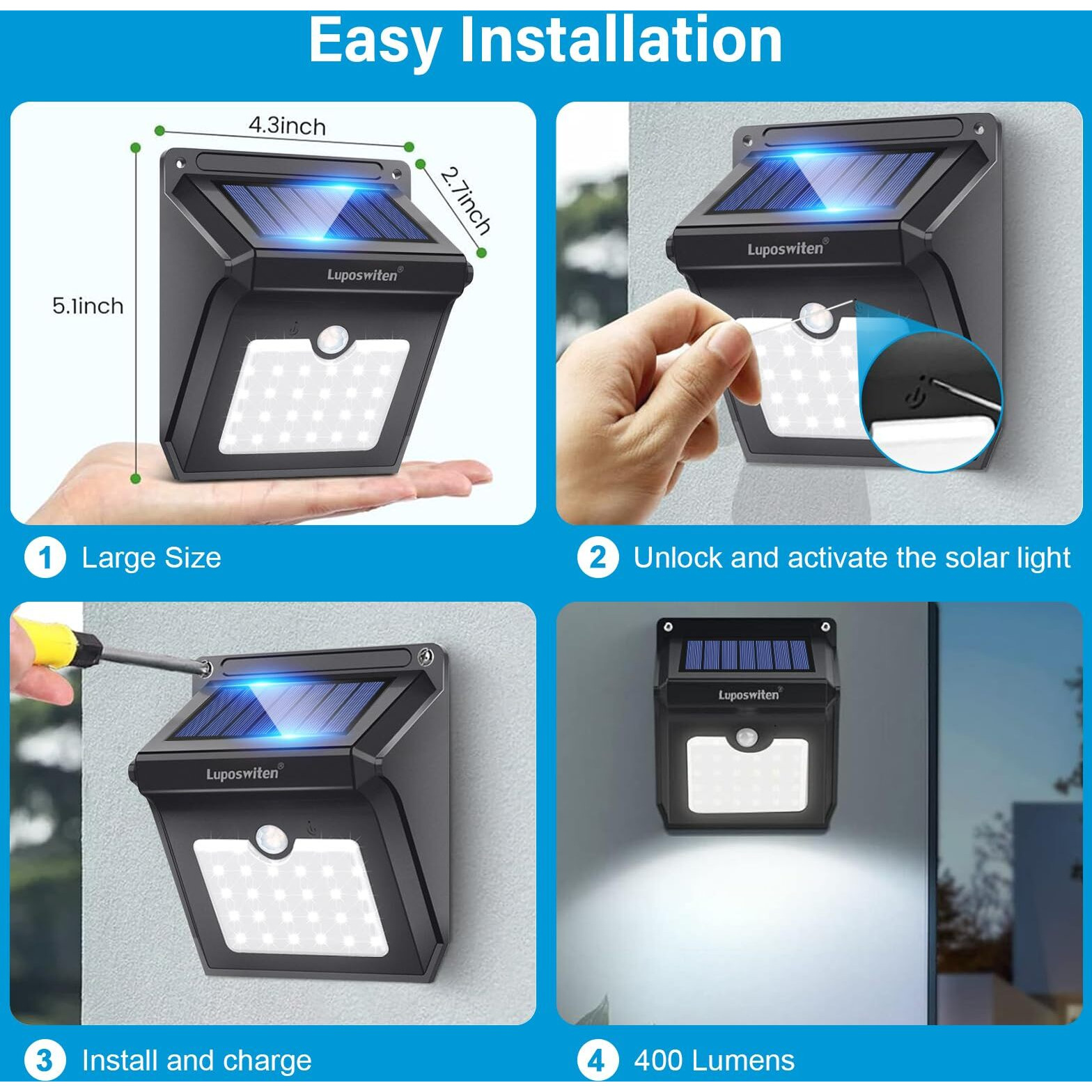 28 Leds Solar Lights Outdoor, Luposwiten Solar Motion Sensor Lights Wireless Security Lights, 400 Lumen Waterproof Solar Powered Lights For Steps Yard Garage Porch Patio(4-Pack)