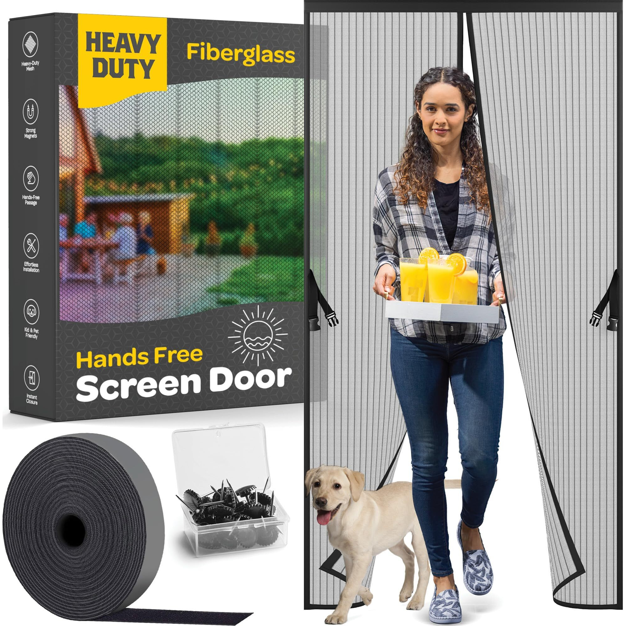 Hands-Free Magnetic Screen Door, Heavy Duty Fiberglass Self Sealing Screen Door Mesh Protector, Pet & Kid-Friendly, Stay-Open Buckle Keeps Bugs Out While Letting Nature In, Fits Door Size (38"" X 82"")