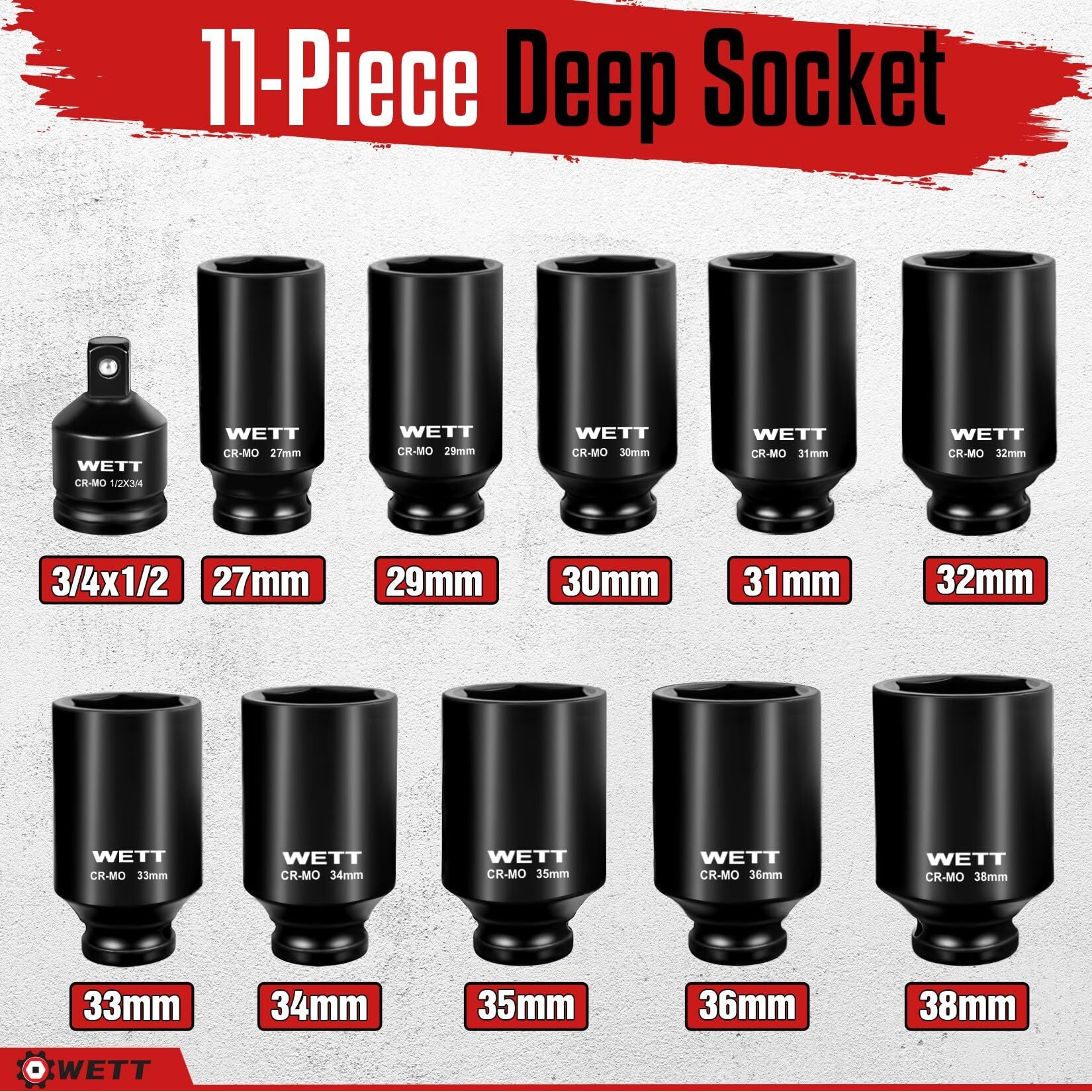 Wett 1/2"" Drive Deep Large Impact Socket Set, 11-Piece Spindle Axle Nut Wheel Wrench Sockets Set, Jumbo Metric 6 Point Sockets With 3/4 To 1/2 Adapter, Cr-Mo, (27Mm-38Mm)