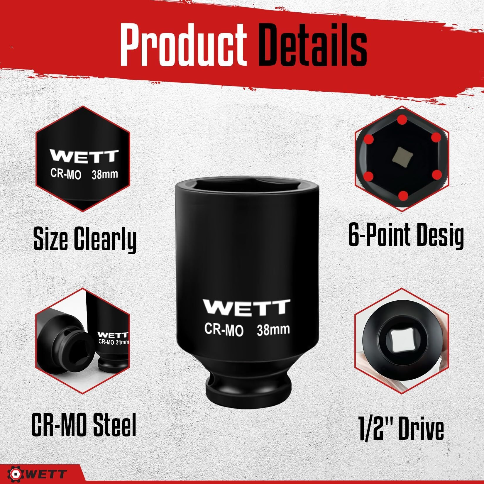 Wett 1/2"" Drive Deep Large Impact Socket Set, 11-Piece Spindle Axle Nut Wheel Wrench Sockets Set, Jumbo Metric 6 Point Sockets With 3/4 To 1/2 Adapter, Cr-Mo, (27Mm-38Mm)