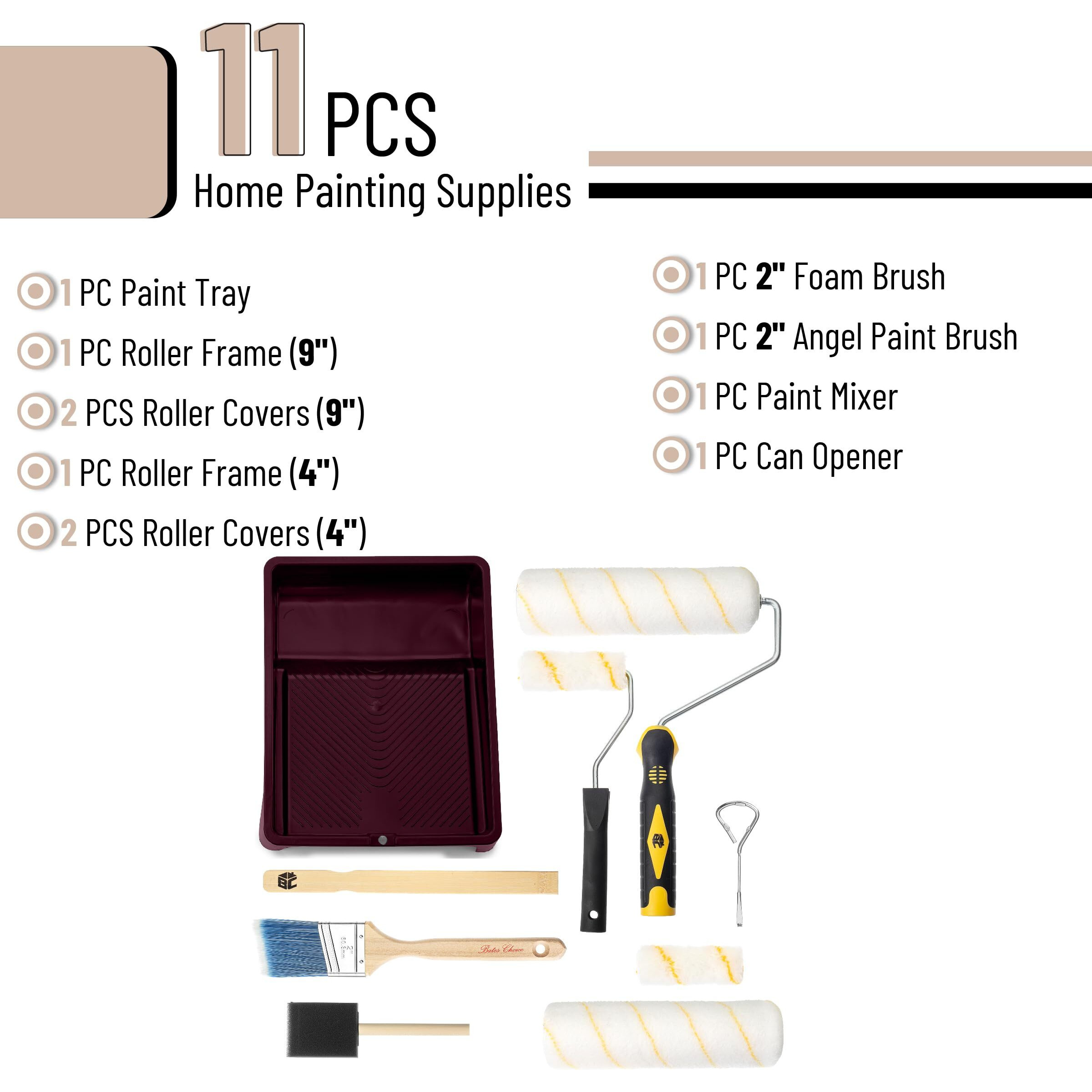 Bates- Paint Tray Set, 11 Pcs, Paint Roller Kit, Paint Rollers 9 Inch, Small Paint Roller, Paint Roller Tray, 4 Inch Paint Roller, Paint Roller Set, Paint Kit For House Painting, Paint Roller Covers