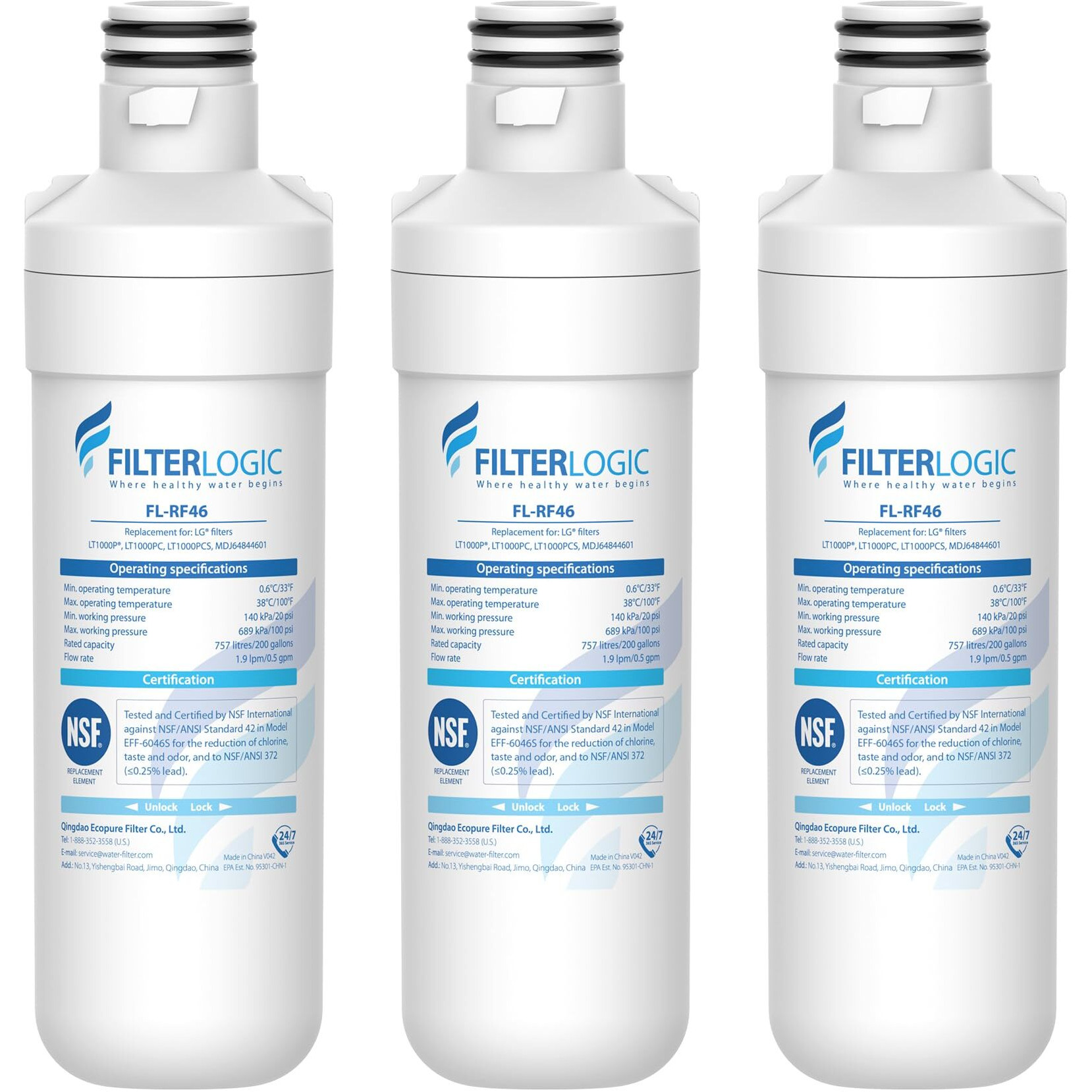 Filterlogic Lt1000Pc Adq747935 Mdj64844601 Refrigerator Water Filter, Replacement For Lg Lt1000P/Pc/Pcs, Lfxs26596S, Lfxs28596S, Lfxc22526S, Adq74793501, Adq74793502, Kenmore 46-9980, 3 Filters